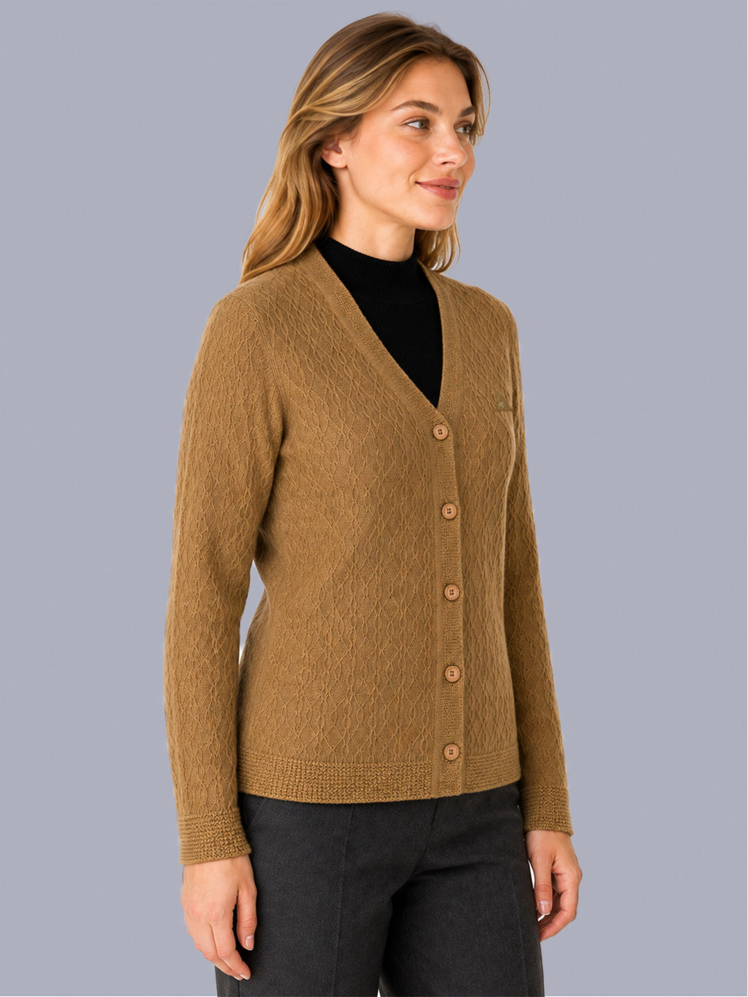 Women Camel Brown Self Design V Neck Full Sleeve Cardigan