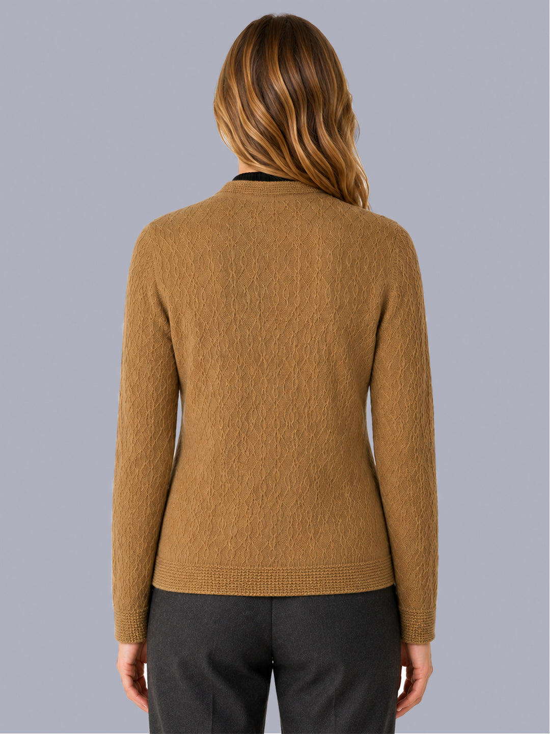 Women Camel Brown Self Design V Neck Full Sleeve Cardigan
