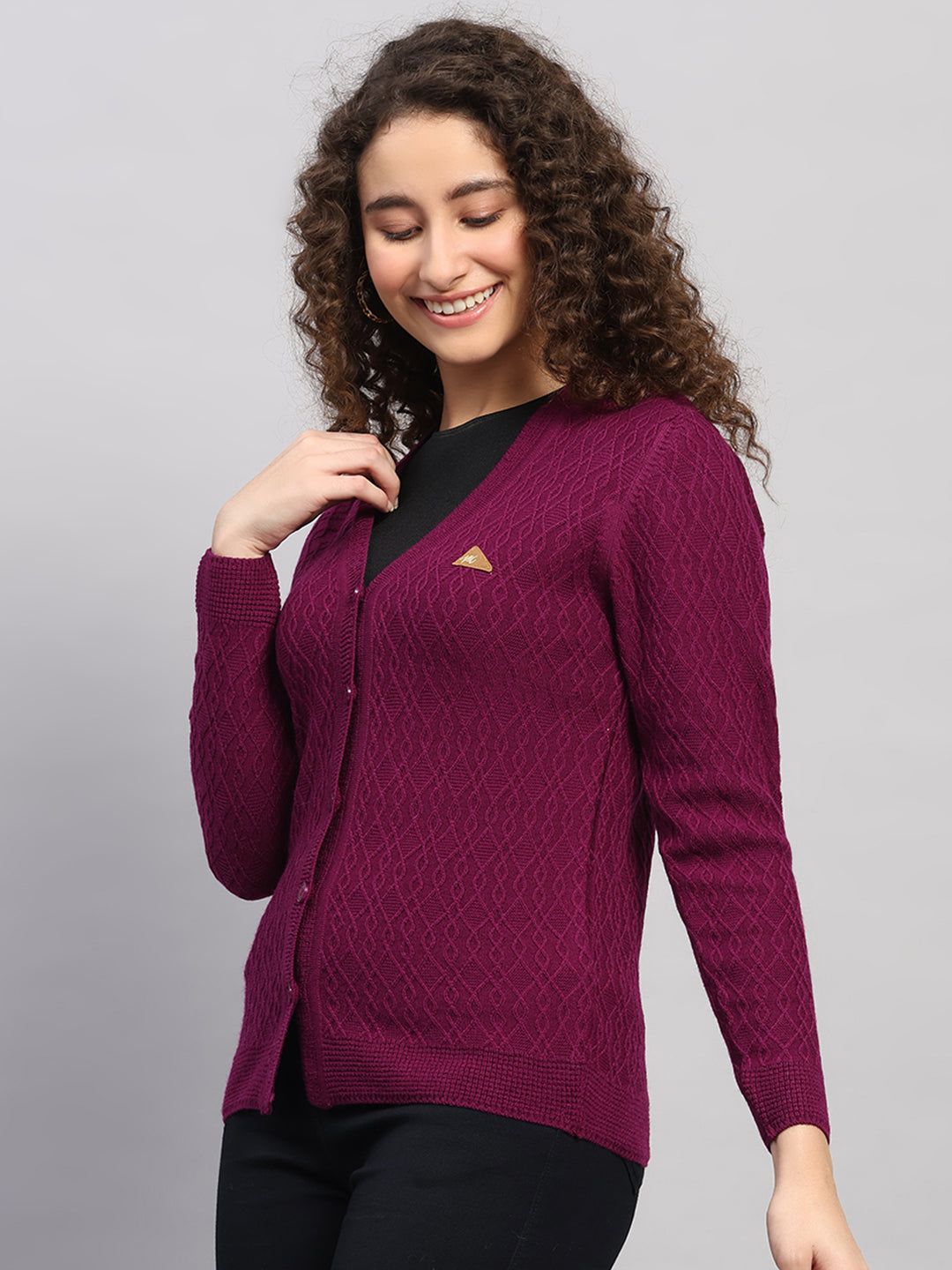 Women Purple Self Design V Neck Full Sleeve Cardigan