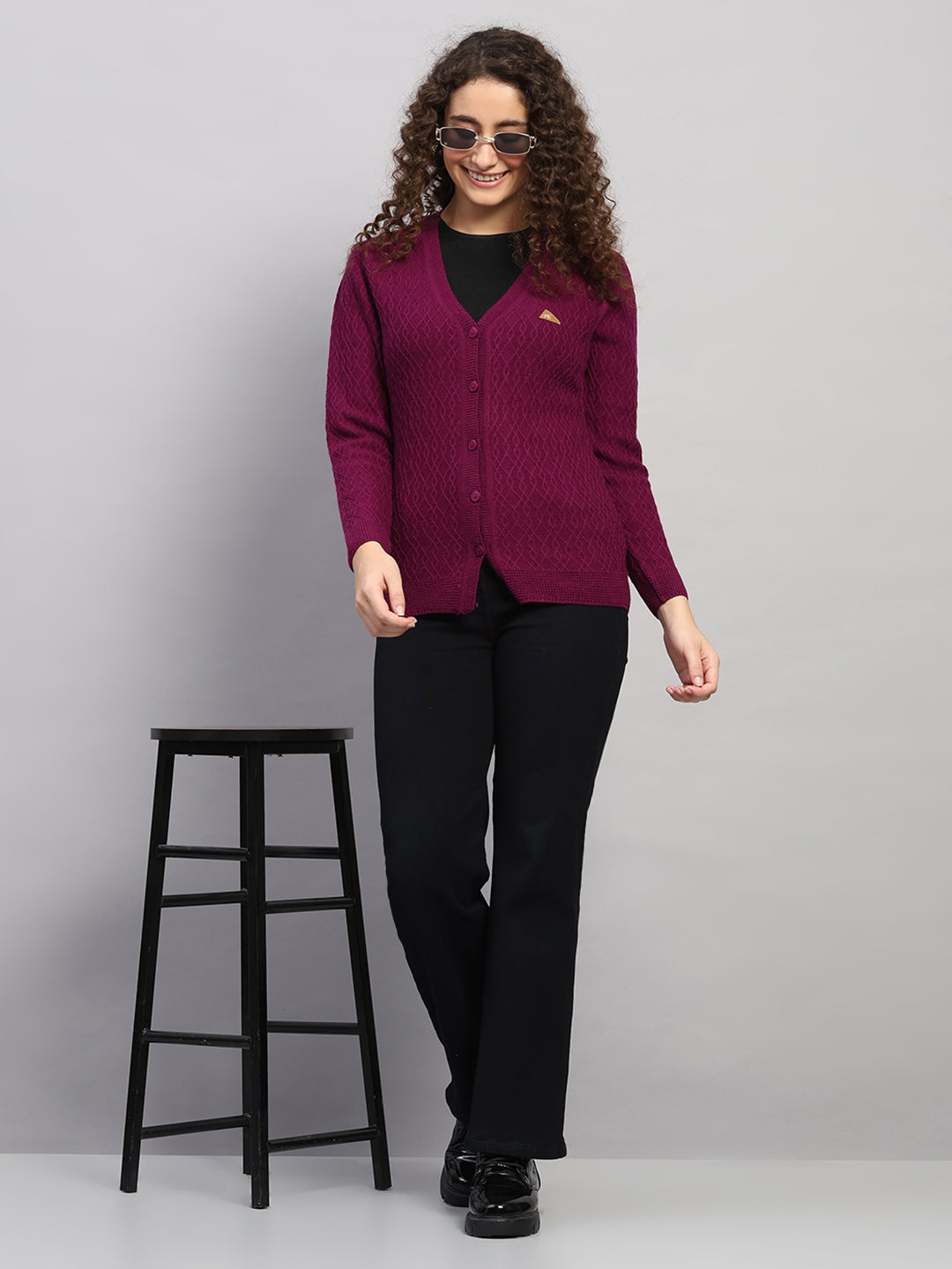 Women Purple Self Design V Neck Full Sleeve Cardigan
