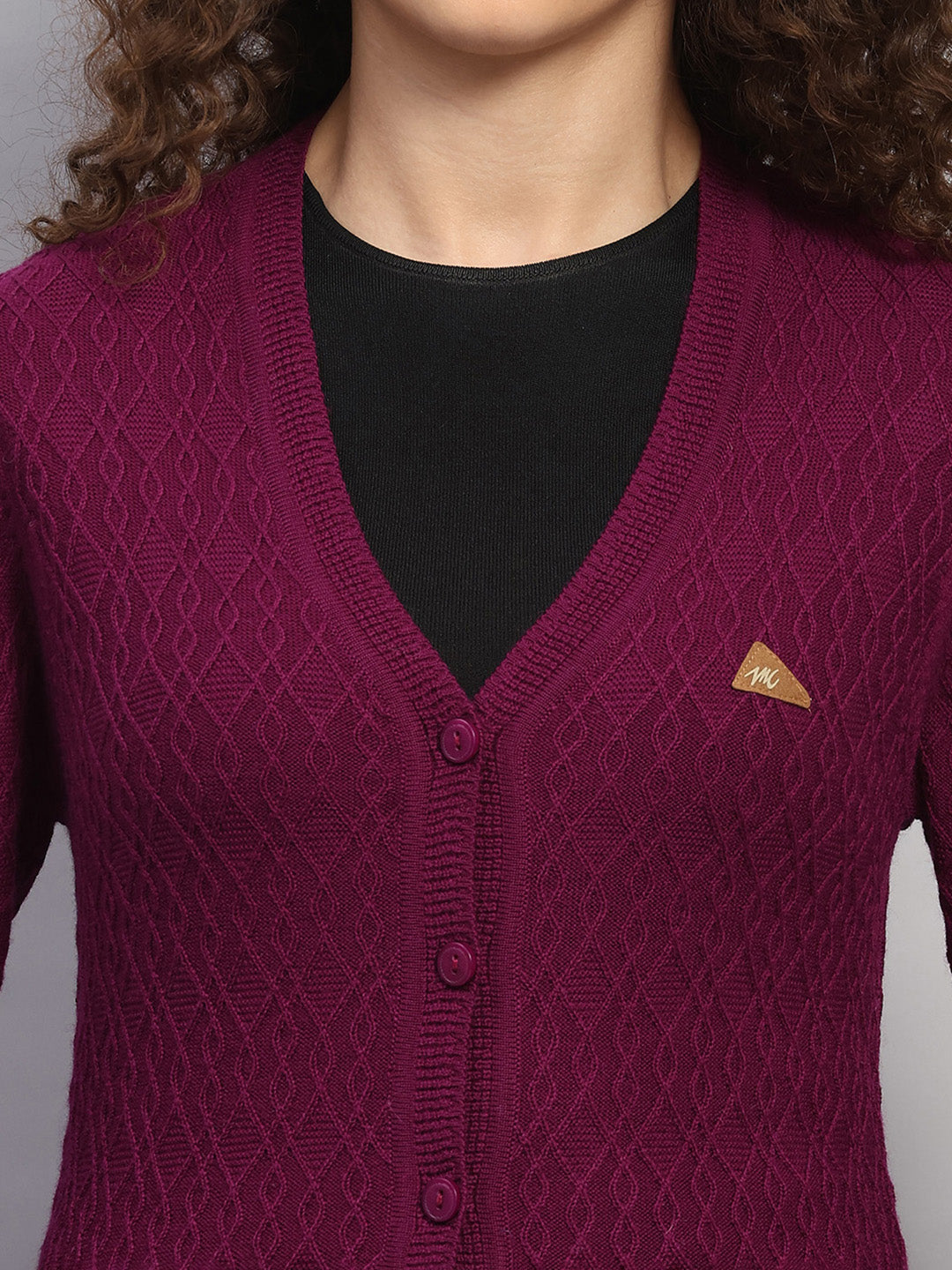 Women Purple Self Design V Neck Full Sleeve Cardigan