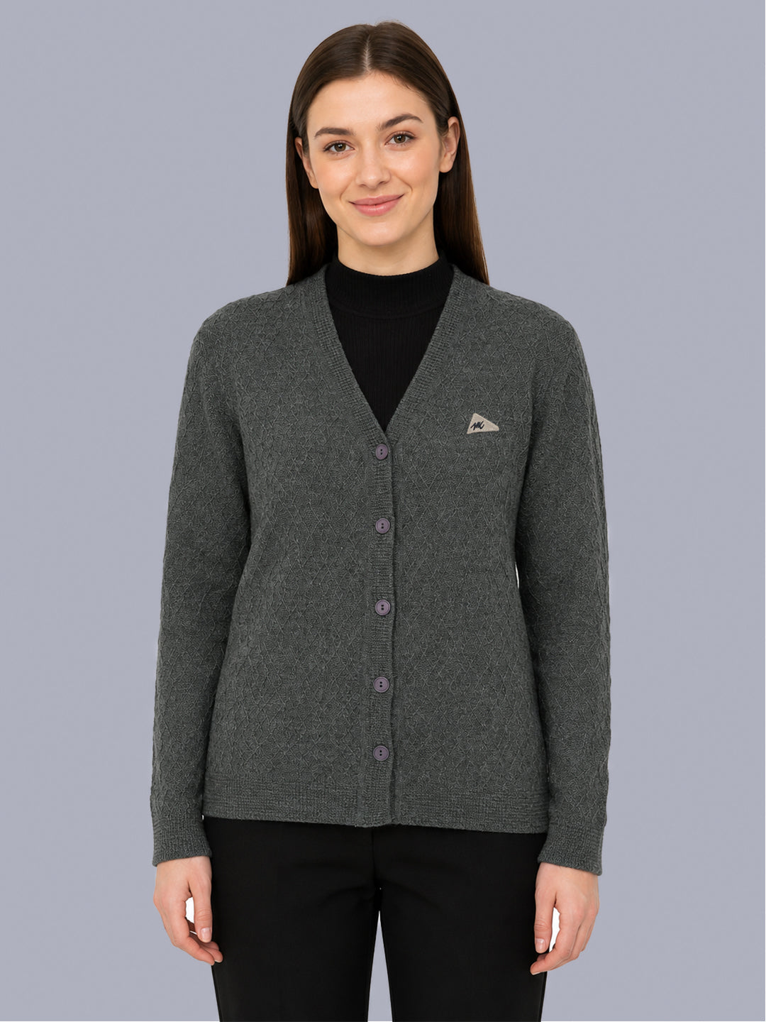 Women Grey Self Design V Neck Full Sleeve Cardigan