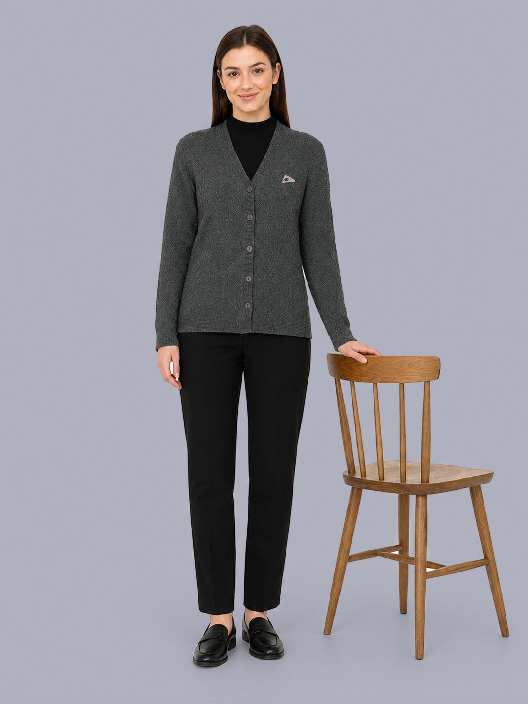Women Grey Self Design V Neck Full Sleeve Cardigan
