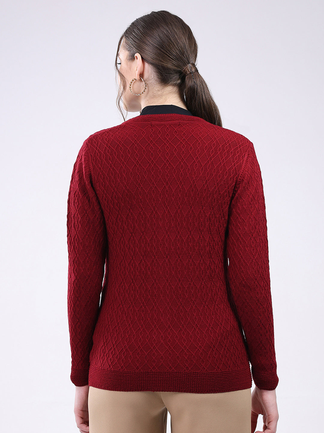 Women Maroon Self Design V Neck Full Sleeve Cardigan