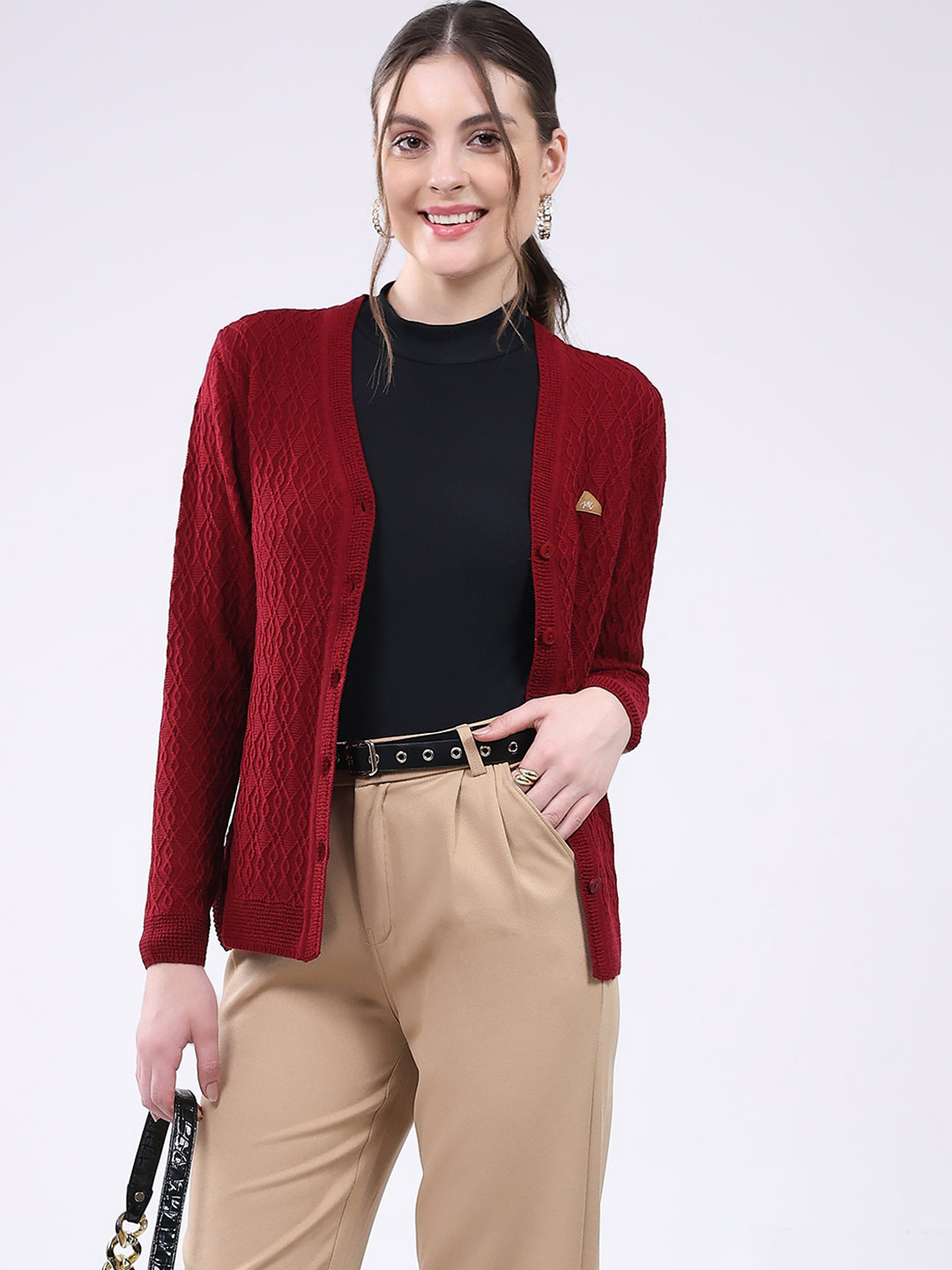 Women Maroon Self Design V Neck Full Sleeve Cardigan
