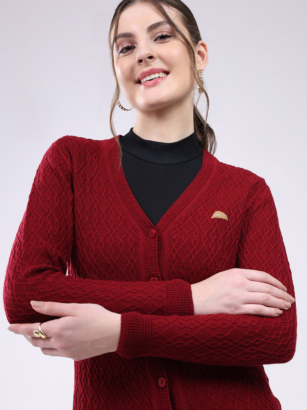 Women Maroon Self Design V Neck Full Sleeve Cardigan