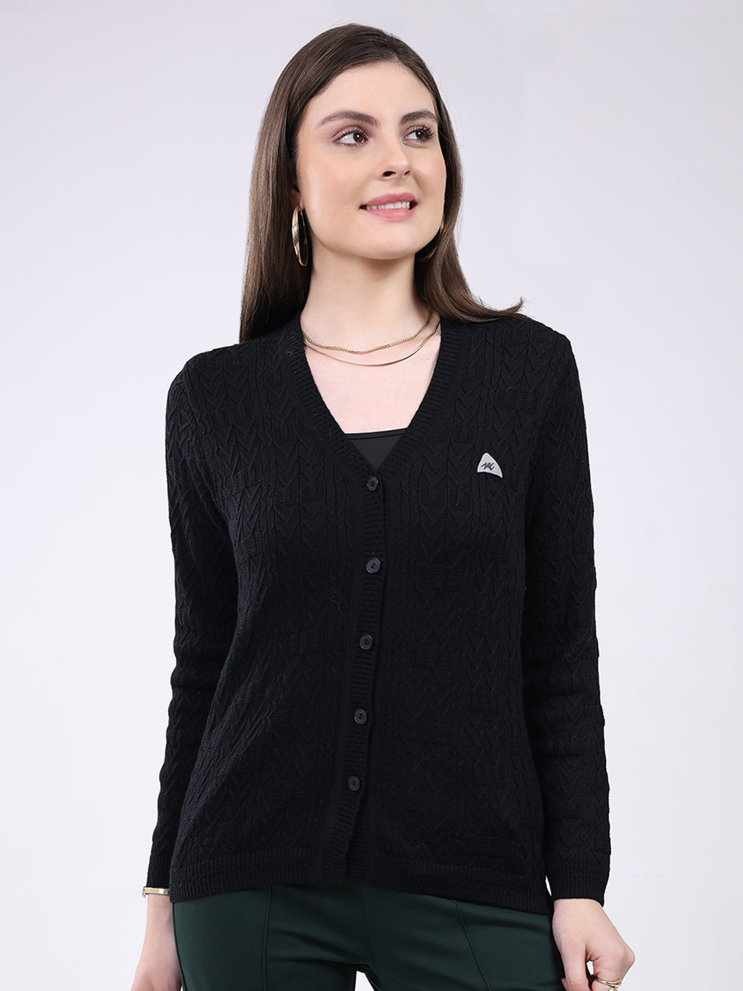 Women Black Self Design V Neck Full Sleeve Cardigan