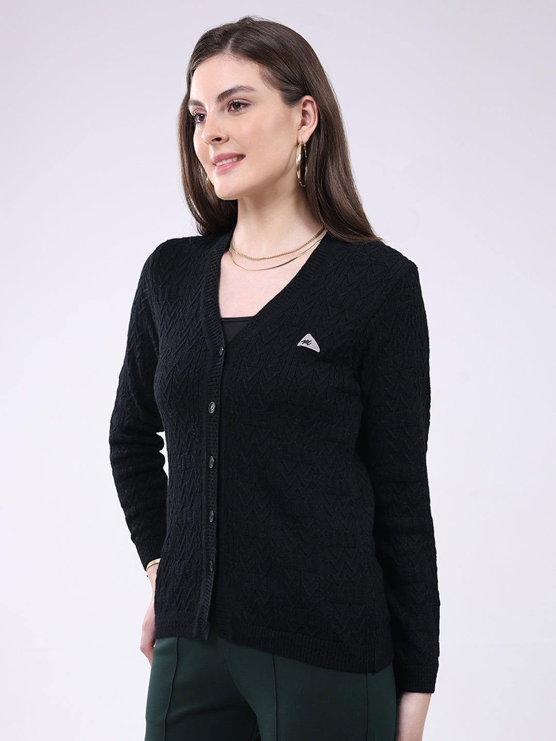 Women Black Self Design V Neck Full Sleeve Cardigan
