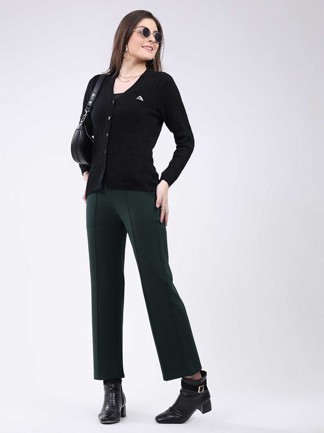 Women Black Self Design V Neck Full Sleeve Cardigan