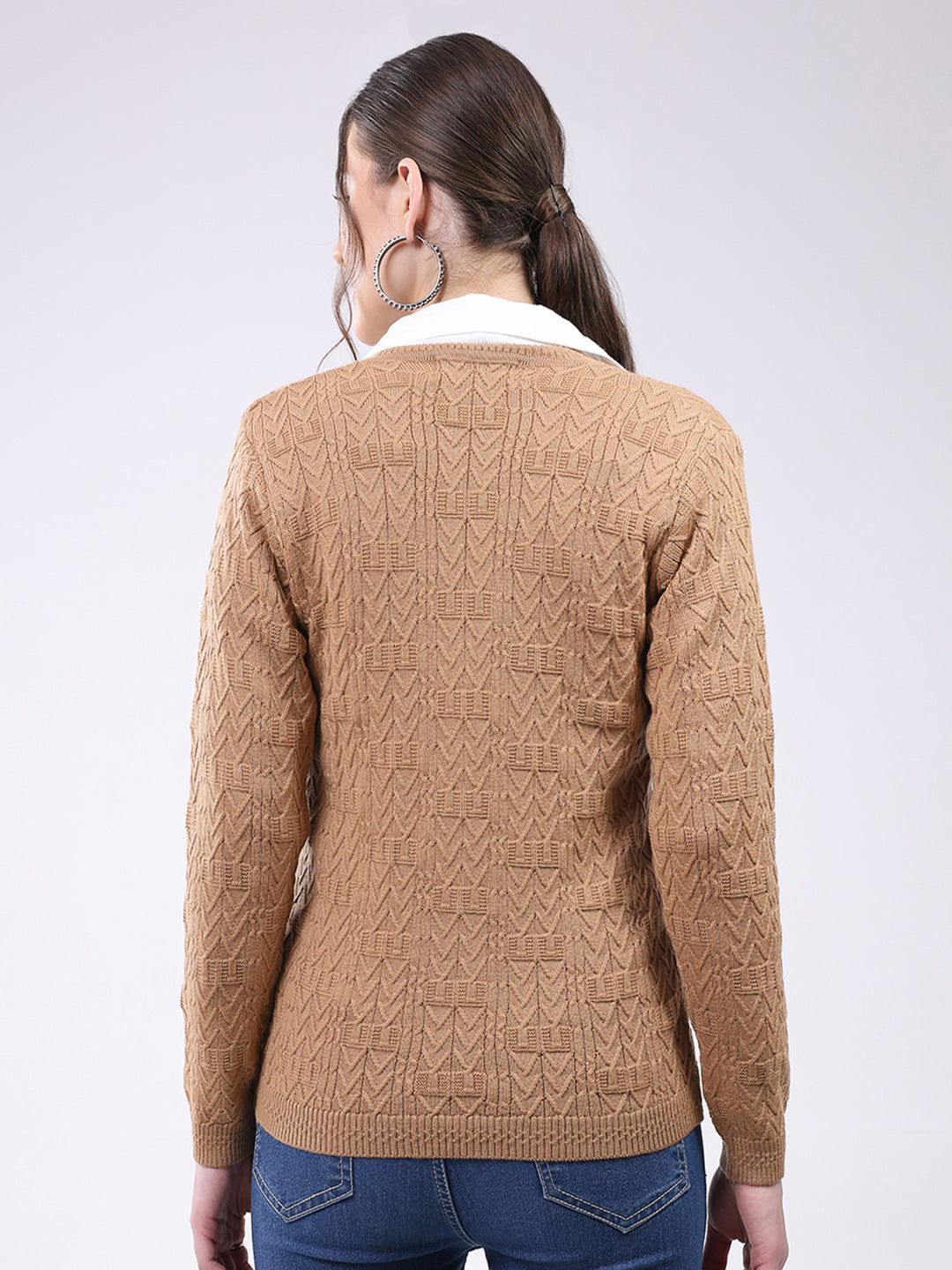 Women Khaki Self Design V Neck Full Sleeve Cardigan