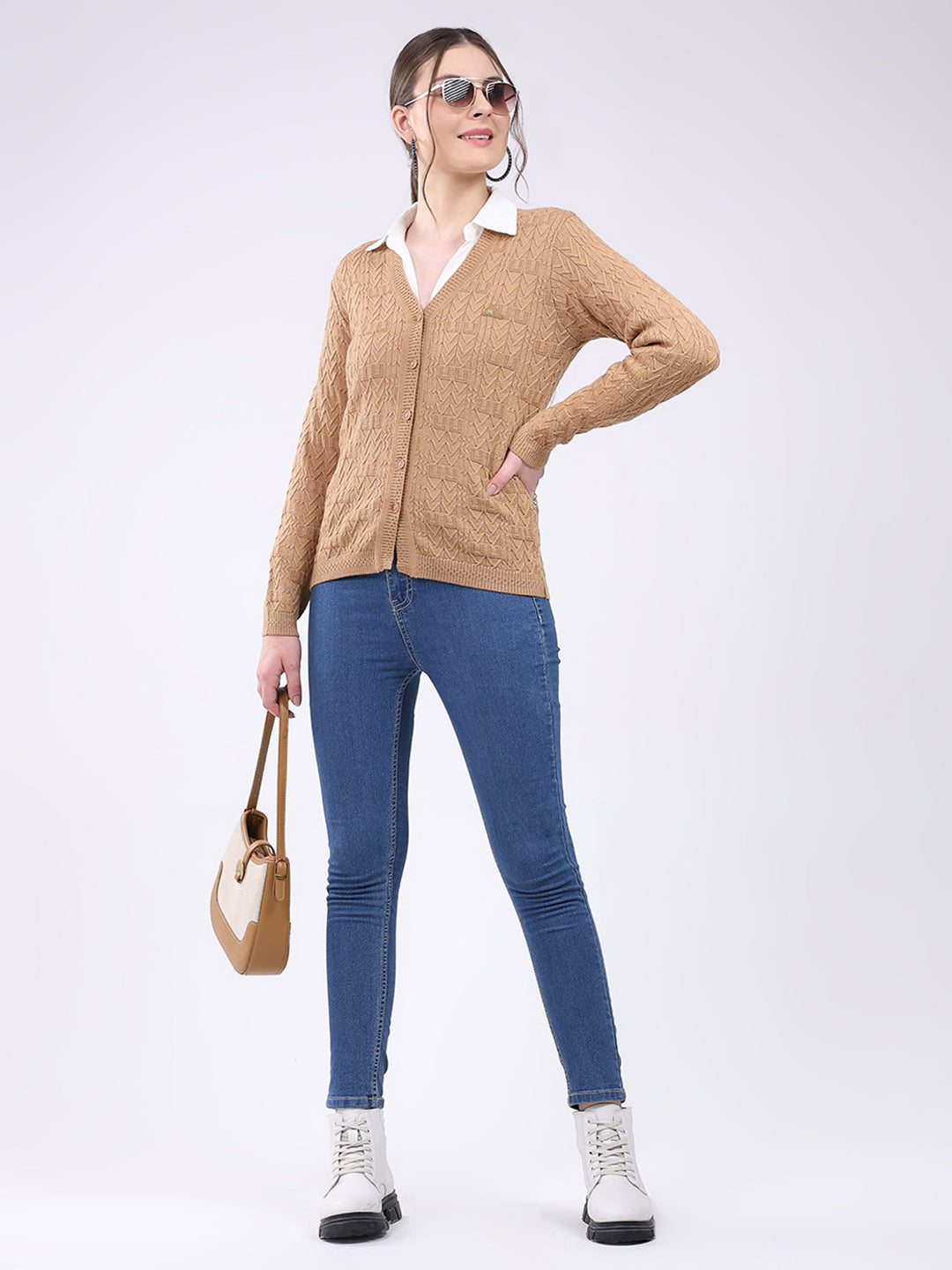 Women Khaki Self Design V Neck Full Sleeve Cardigan