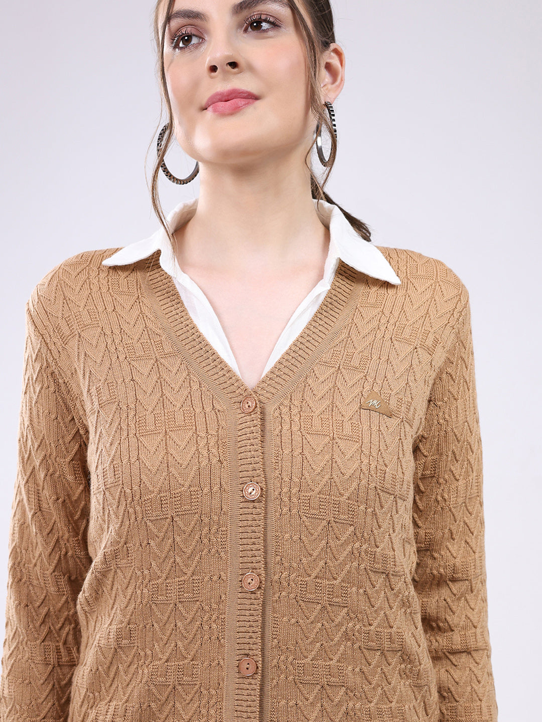 Women Khaki Self Design V Neck Full Sleeve Cardigan