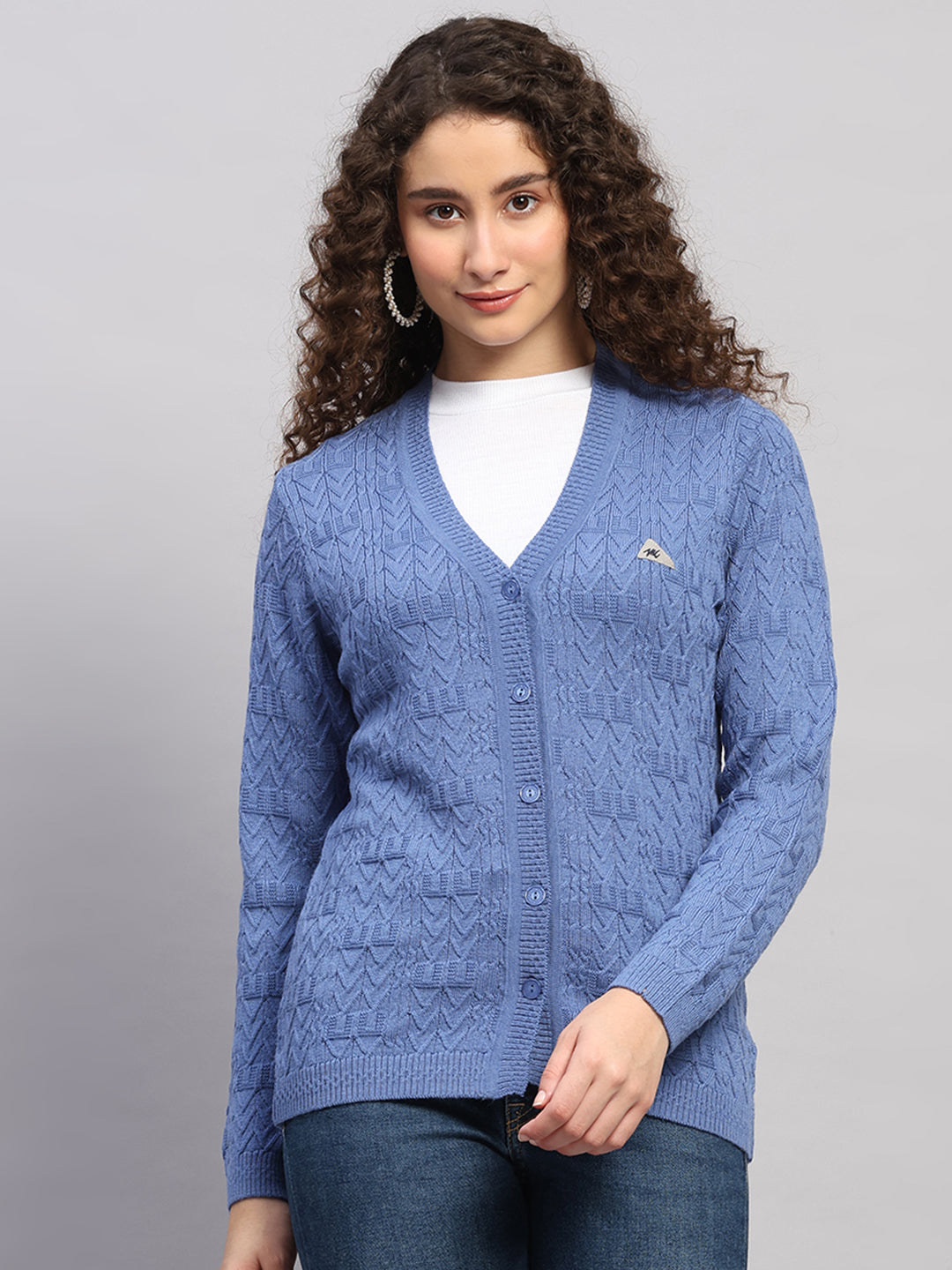 Women Blue Self Design V Neck Full Sleeve Cardigan