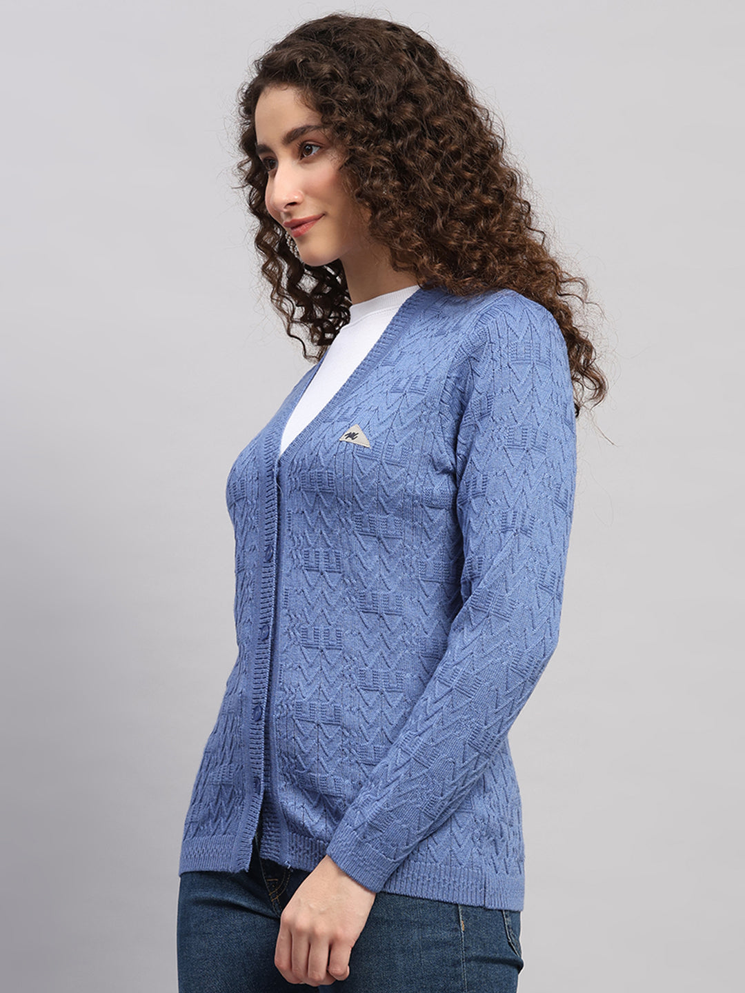 Women Blue Self Design V Neck Full Sleeve Cardigan