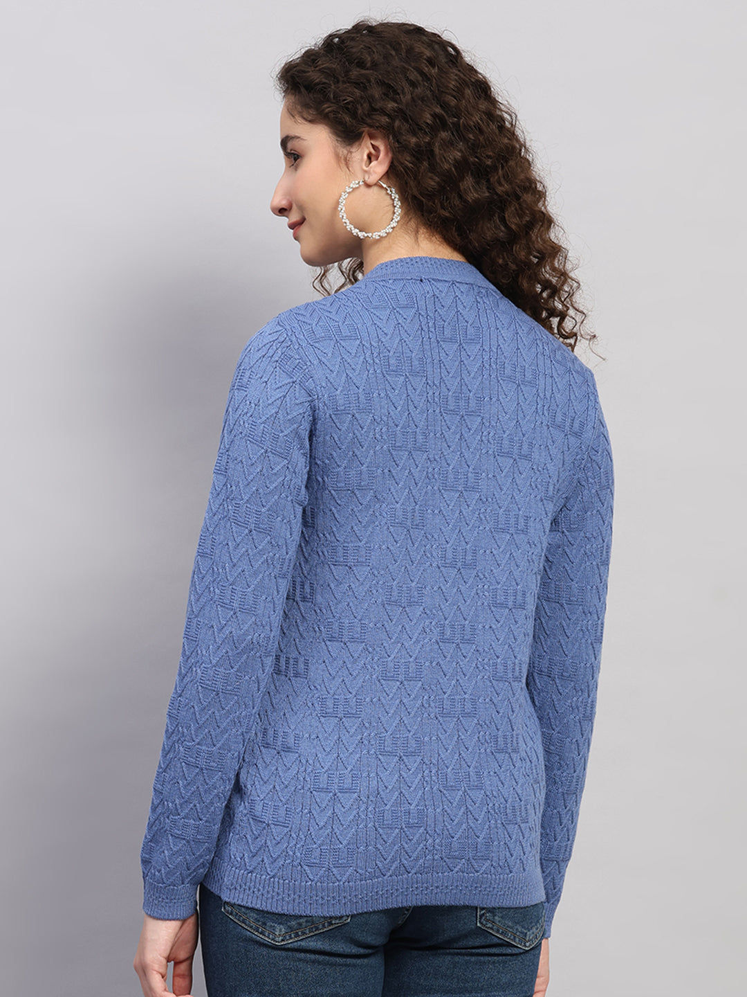 Women Blue Self Design V Neck Full Sleeve Cardigan