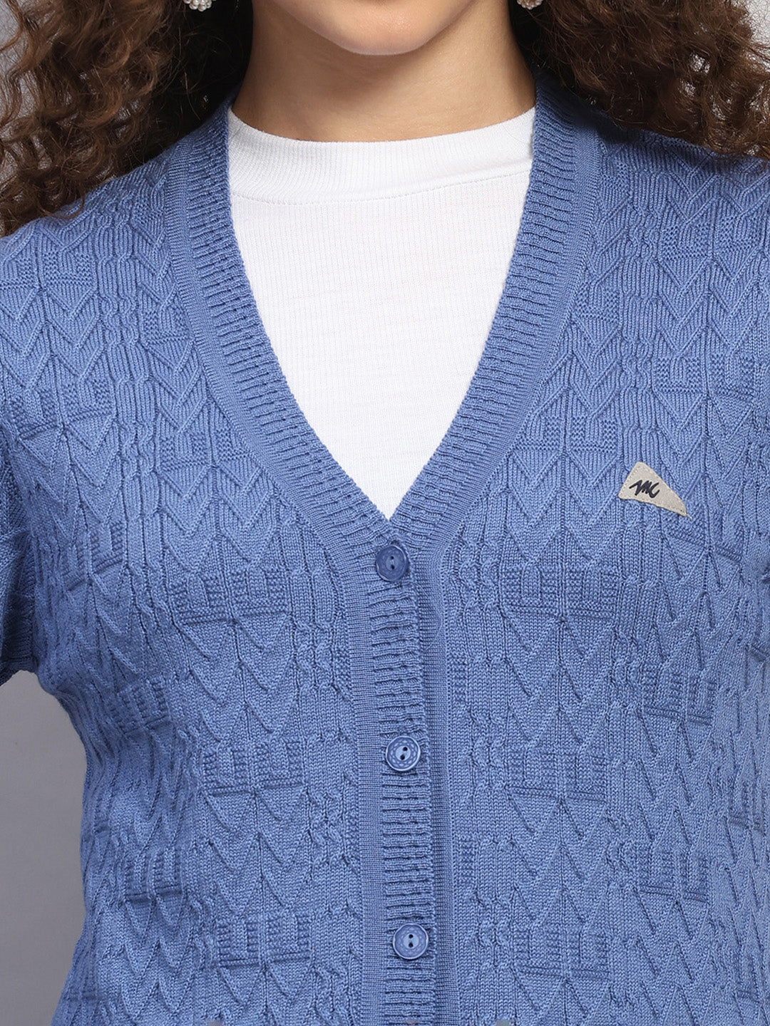 Women Blue Self Design V Neck Full Sleeve Cardigan