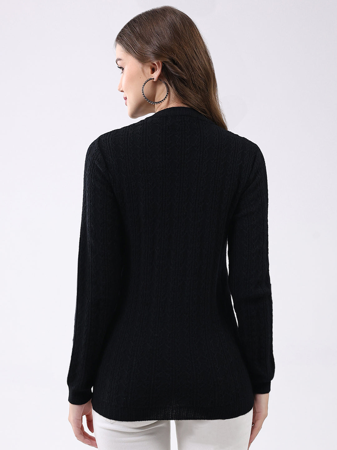 Women Black Self Design V Neck Full Sleeve Cardigan