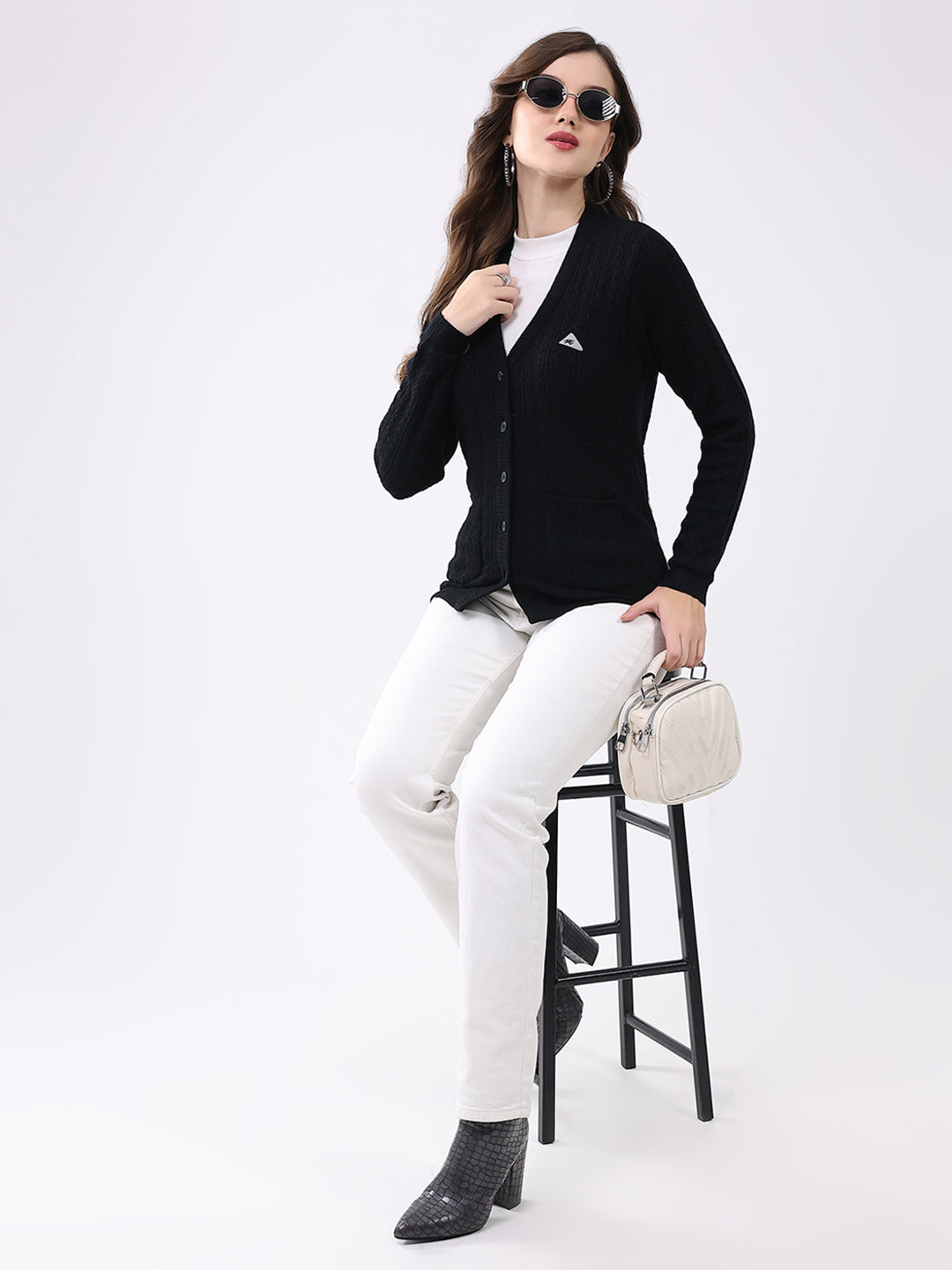 Women Black Self Design V Neck Full Sleeve Cardigan