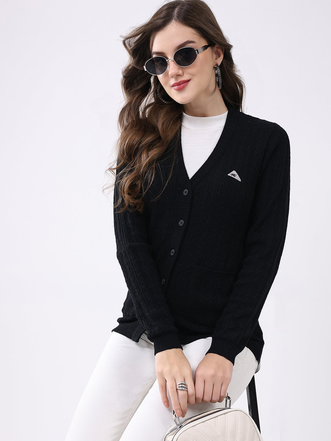 Women Black Self Design V Neck Full Sleeve Cardigan