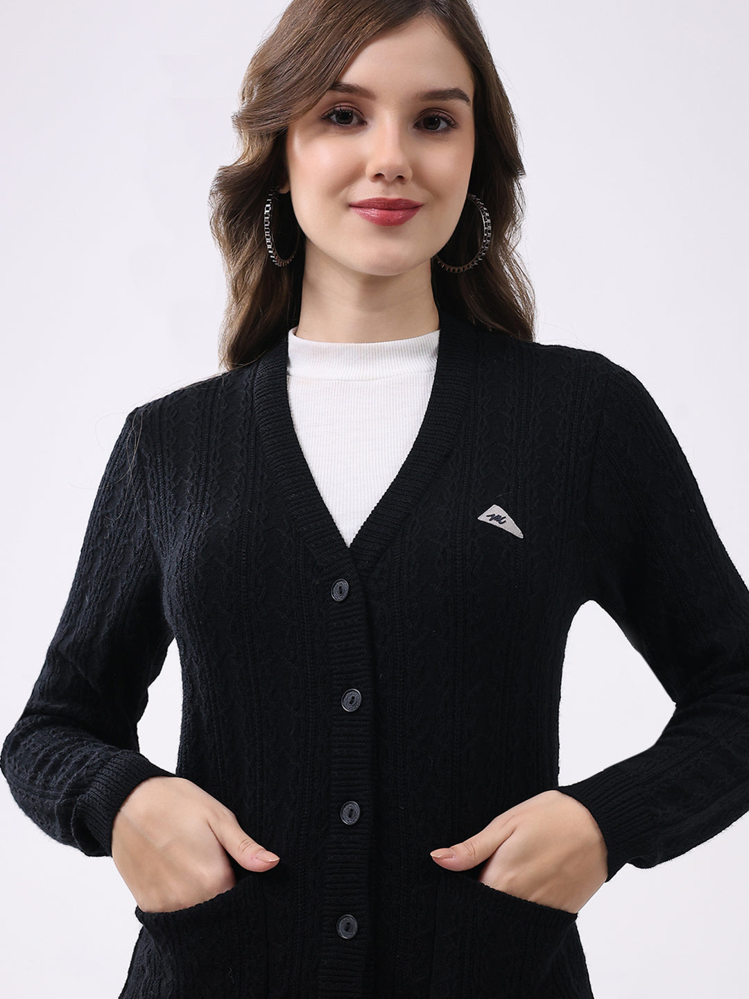 Women Black Self Design V Neck Full Sleeve Cardigan