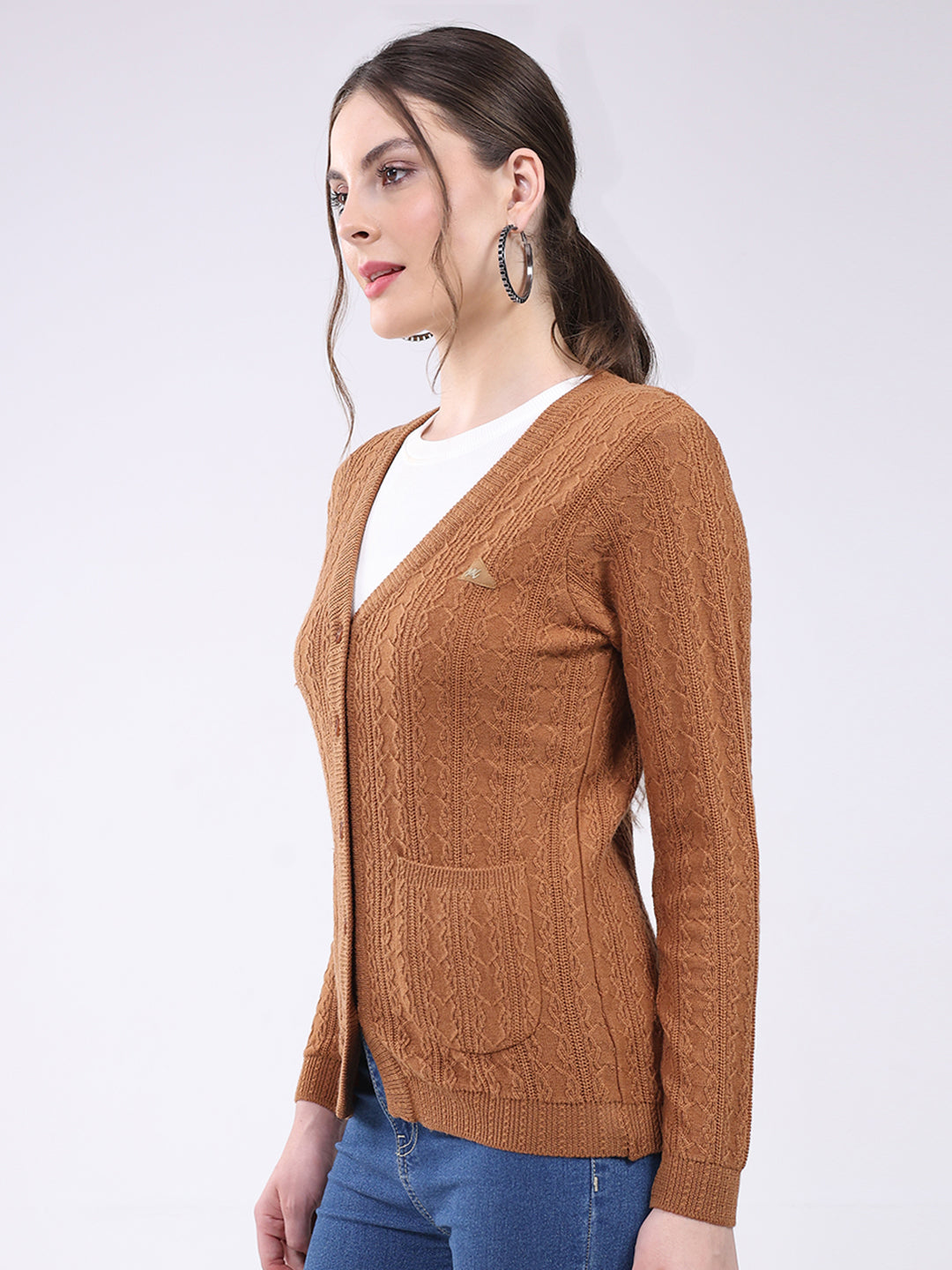 Women Brown Self Design V Neck Full Sleeve Cardigan