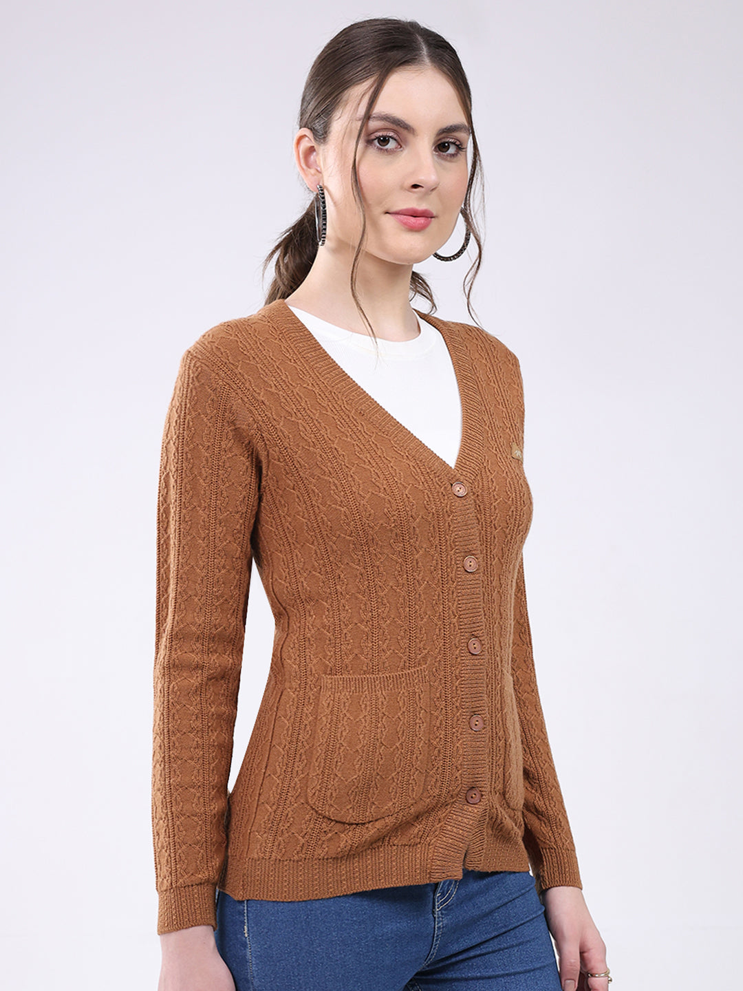 Women Brown Self Design V Neck Full Sleeve Cardigan