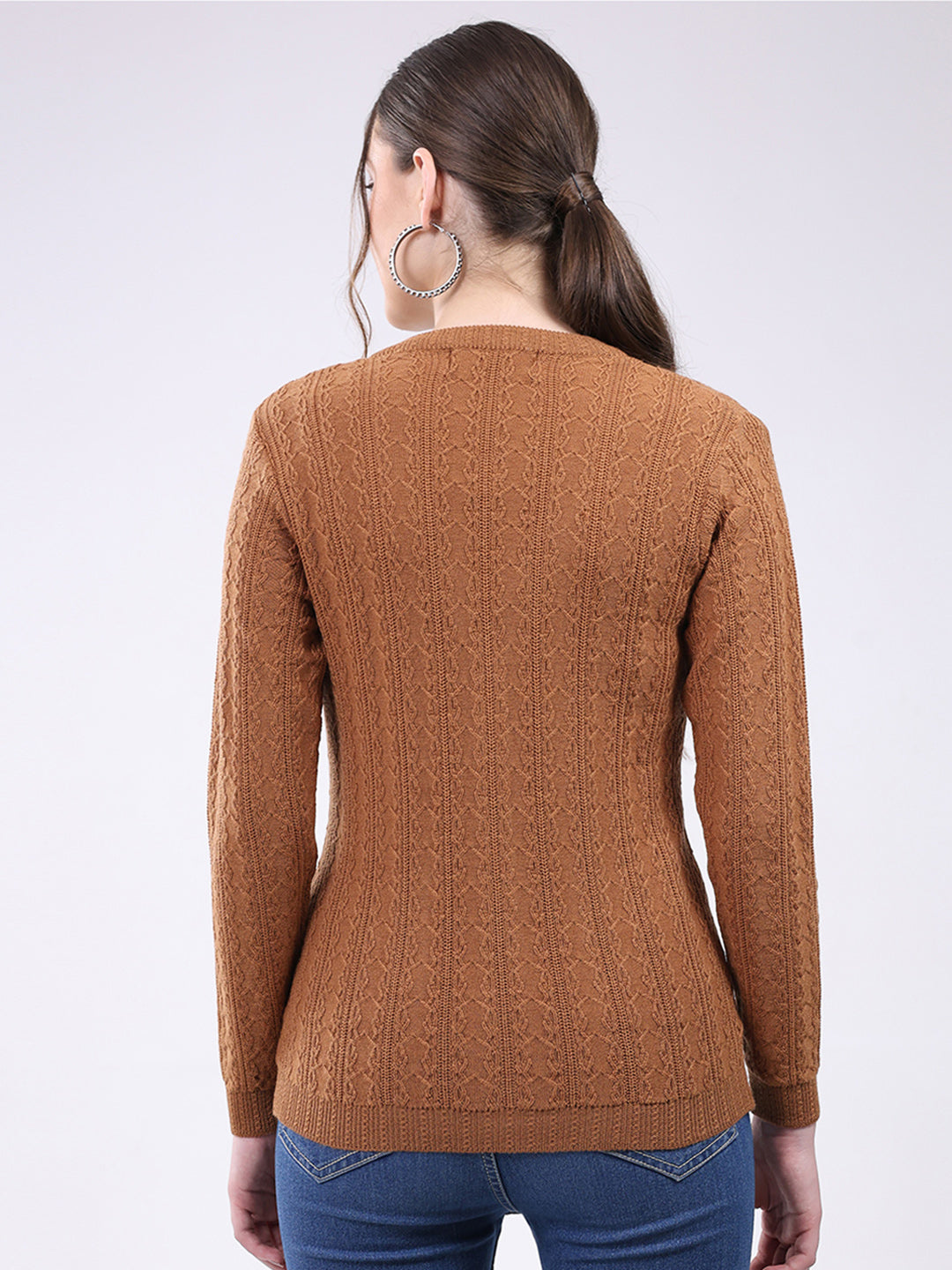 Women Brown Self Design V Neck Full Sleeve Cardigan