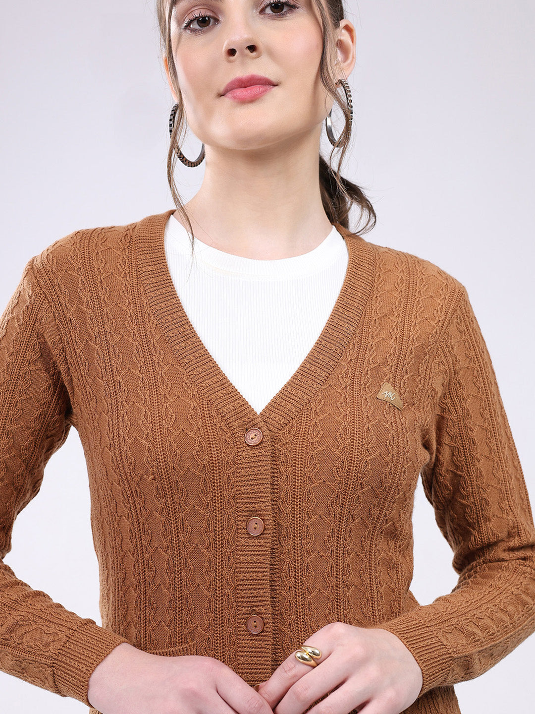 Women Brown Self Design V Neck Full Sleeve Cardigan