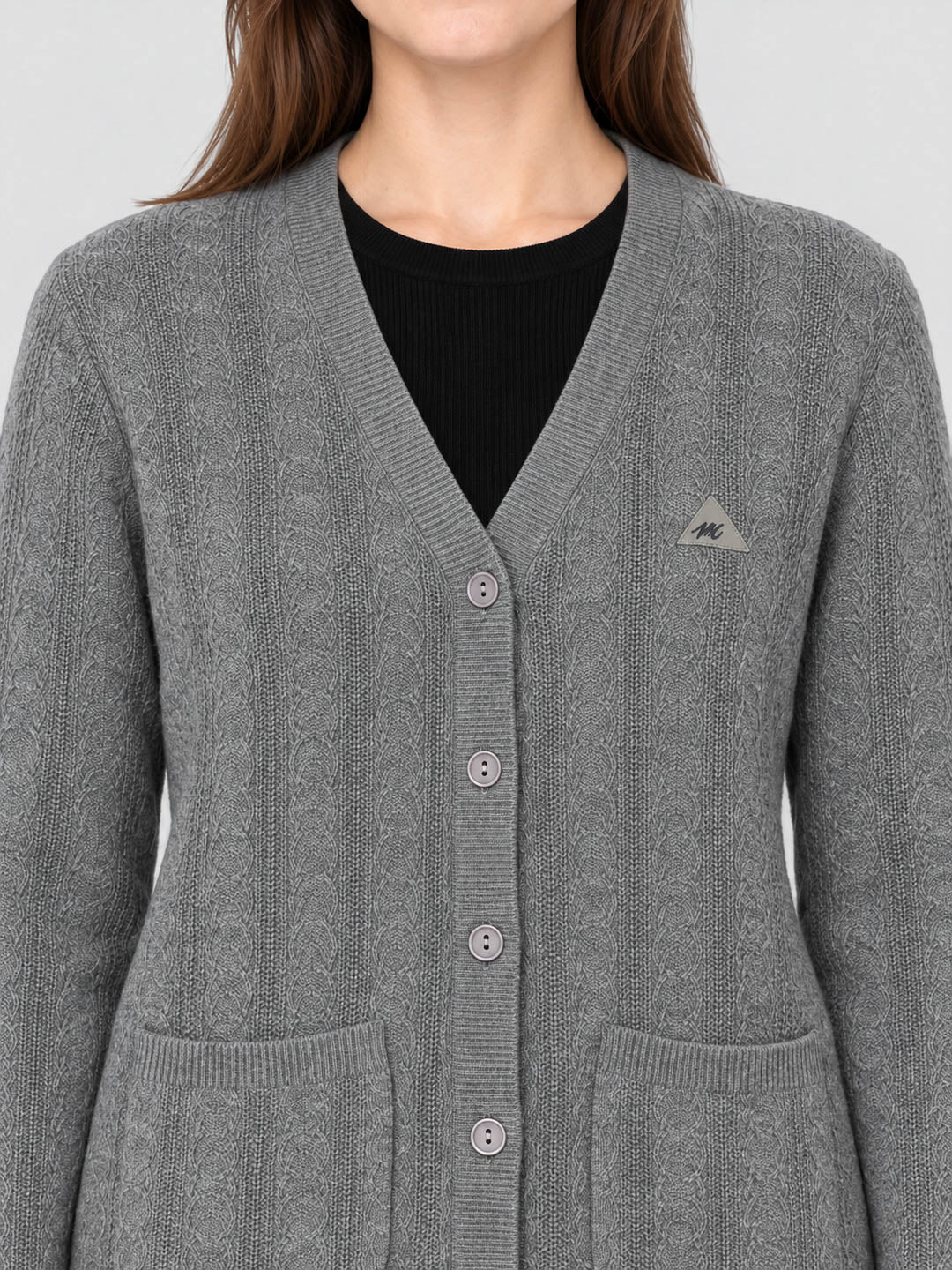 Women Grey Melange Self Design V Neck Full Sleeve Cardigan