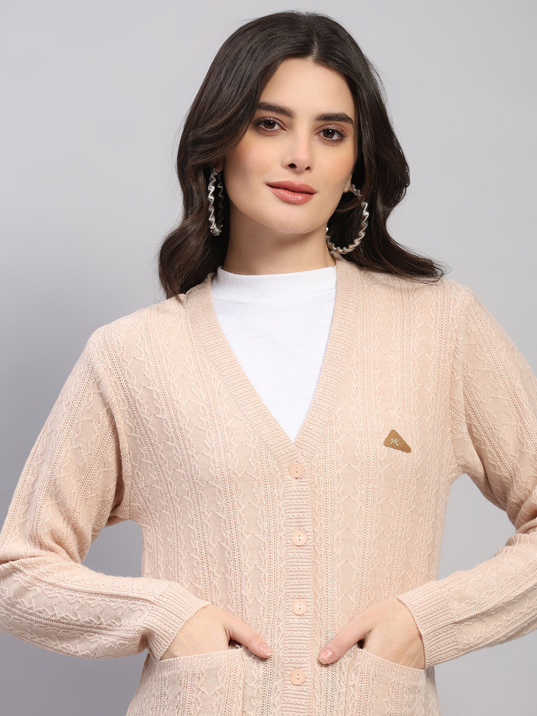 Women Beige Self Design V Neck Full Sleeve Cardigan