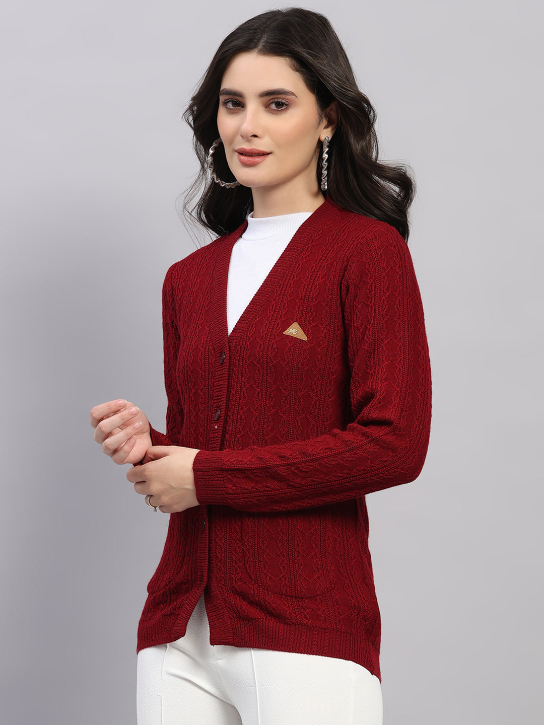 Women Maroon Self Design V Neck Full Sleeve Cardigan