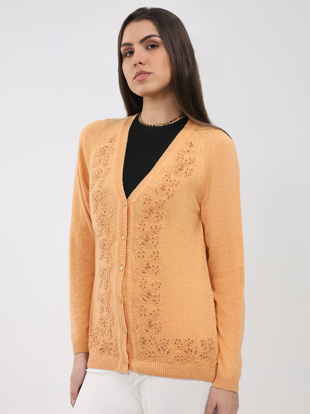 Women Peach Self Design V Neck Full Sleeve Cardigan