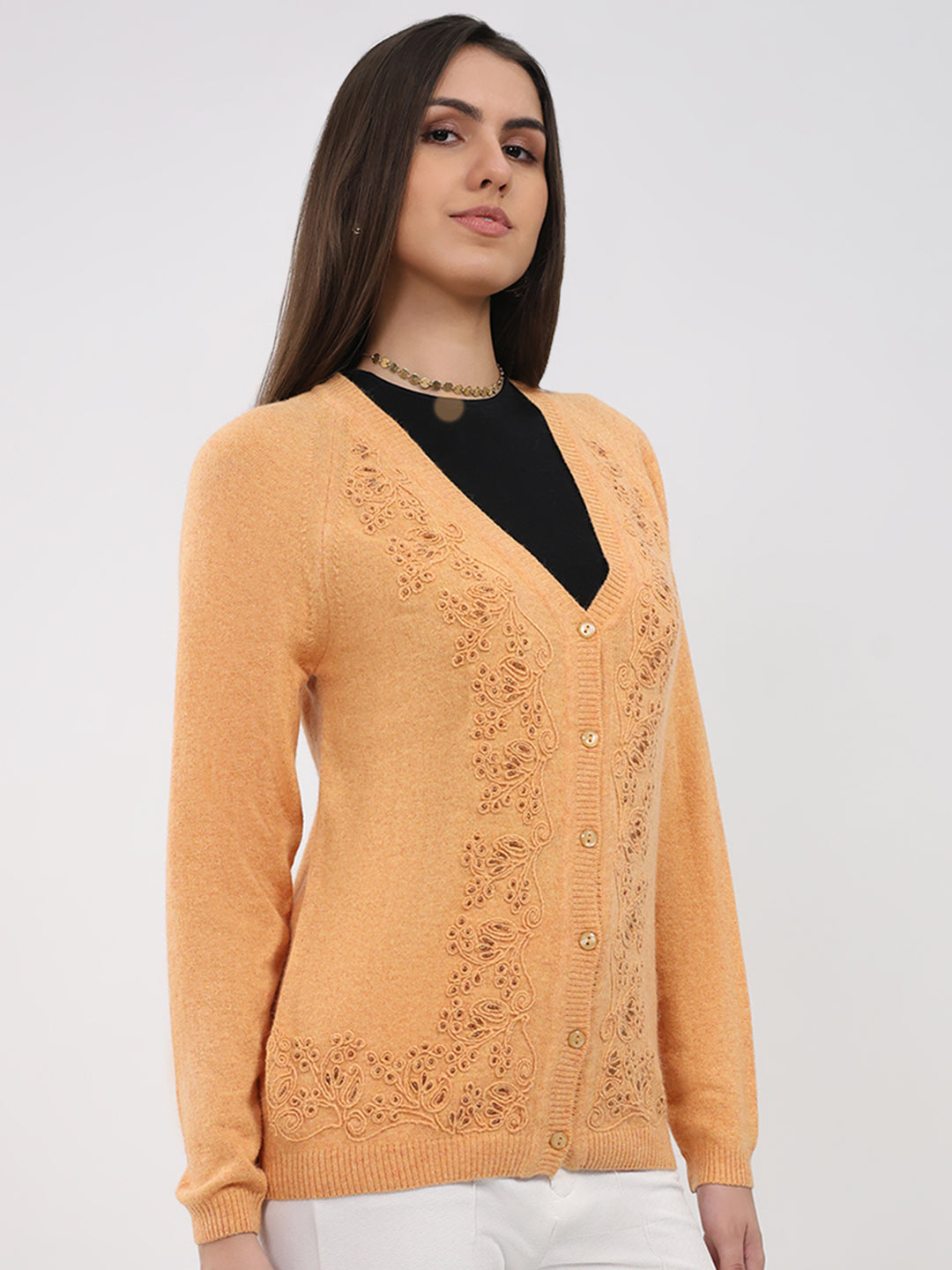 Women Peach Self Design V Neck Full Sleeve Cardigan