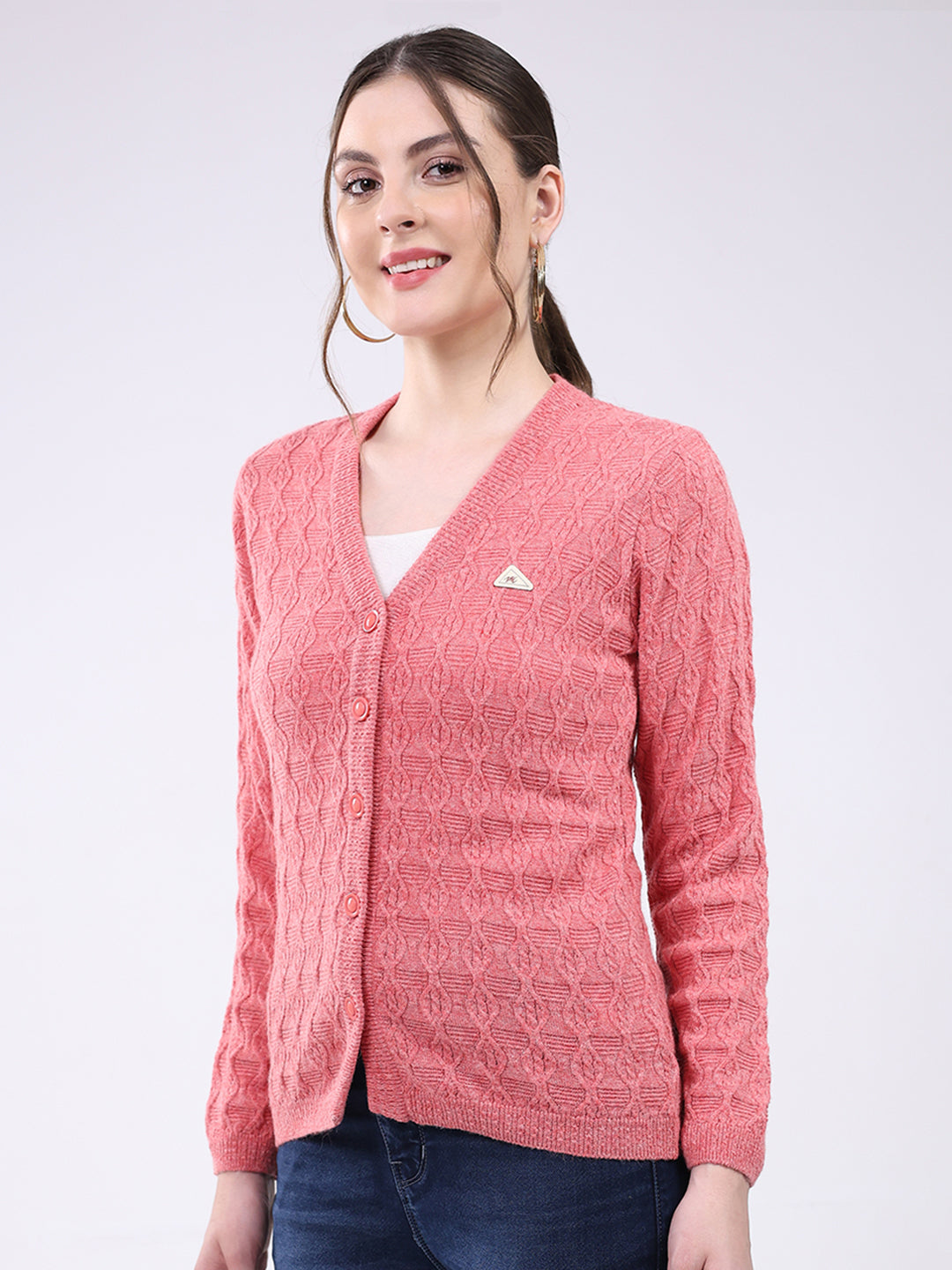 Women Pink Self Design V Neck Full Sleeve Cardigan