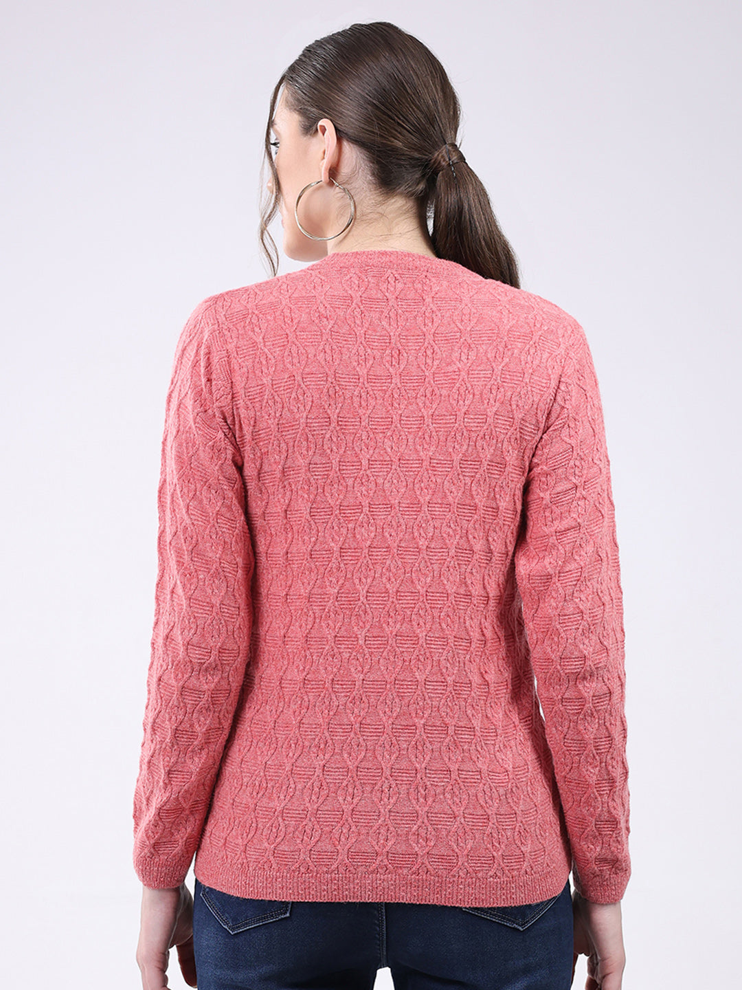 Women Pink Self Design V Neck Full Sleeve Cardigan