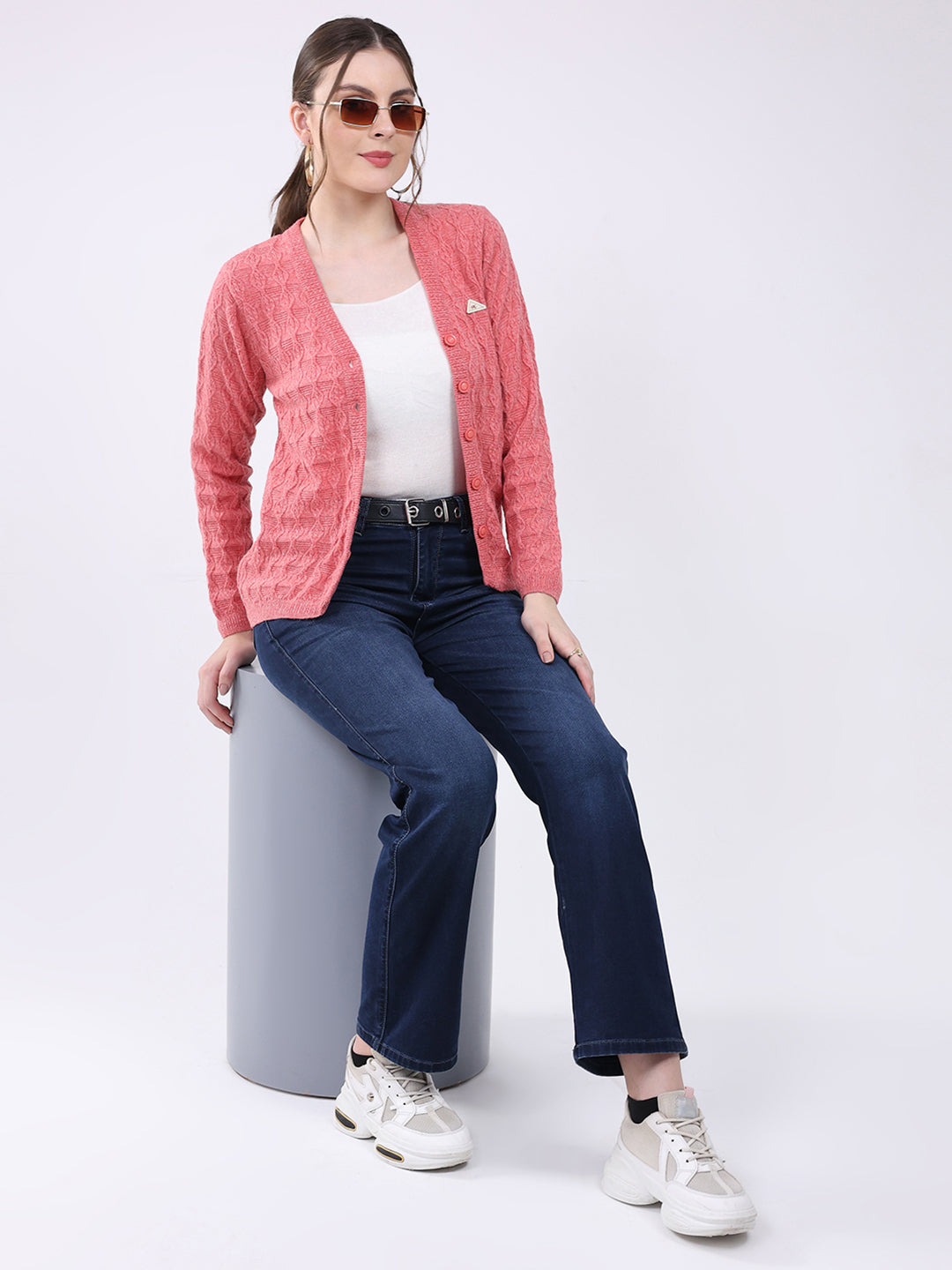 Women Pink Self Design V Neck Full Sleeve Cardigan