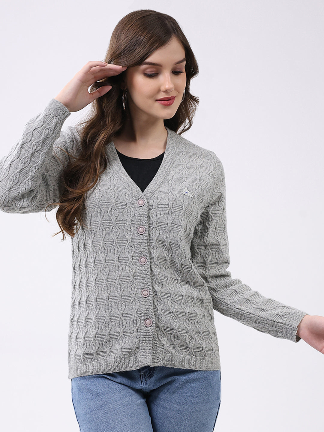 Women Light Grey Self Design V Neck Full Sleeve Cardigan