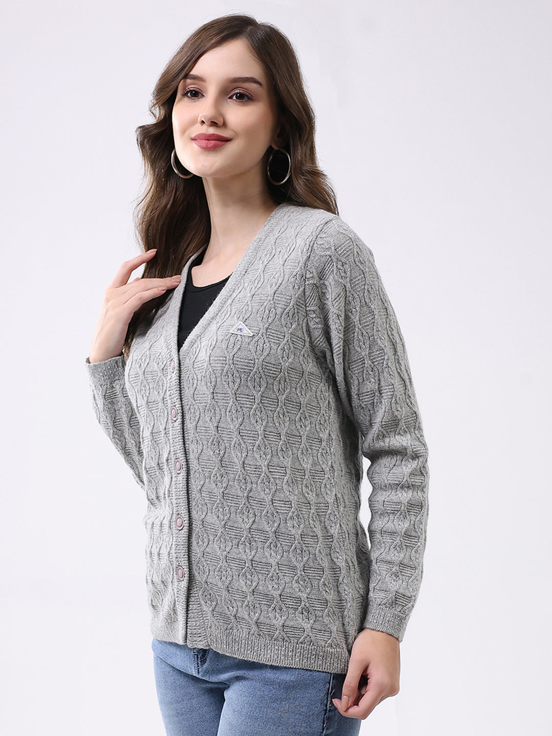 Women Light Grey Self Design V Neck Full Sleeve Cardigan