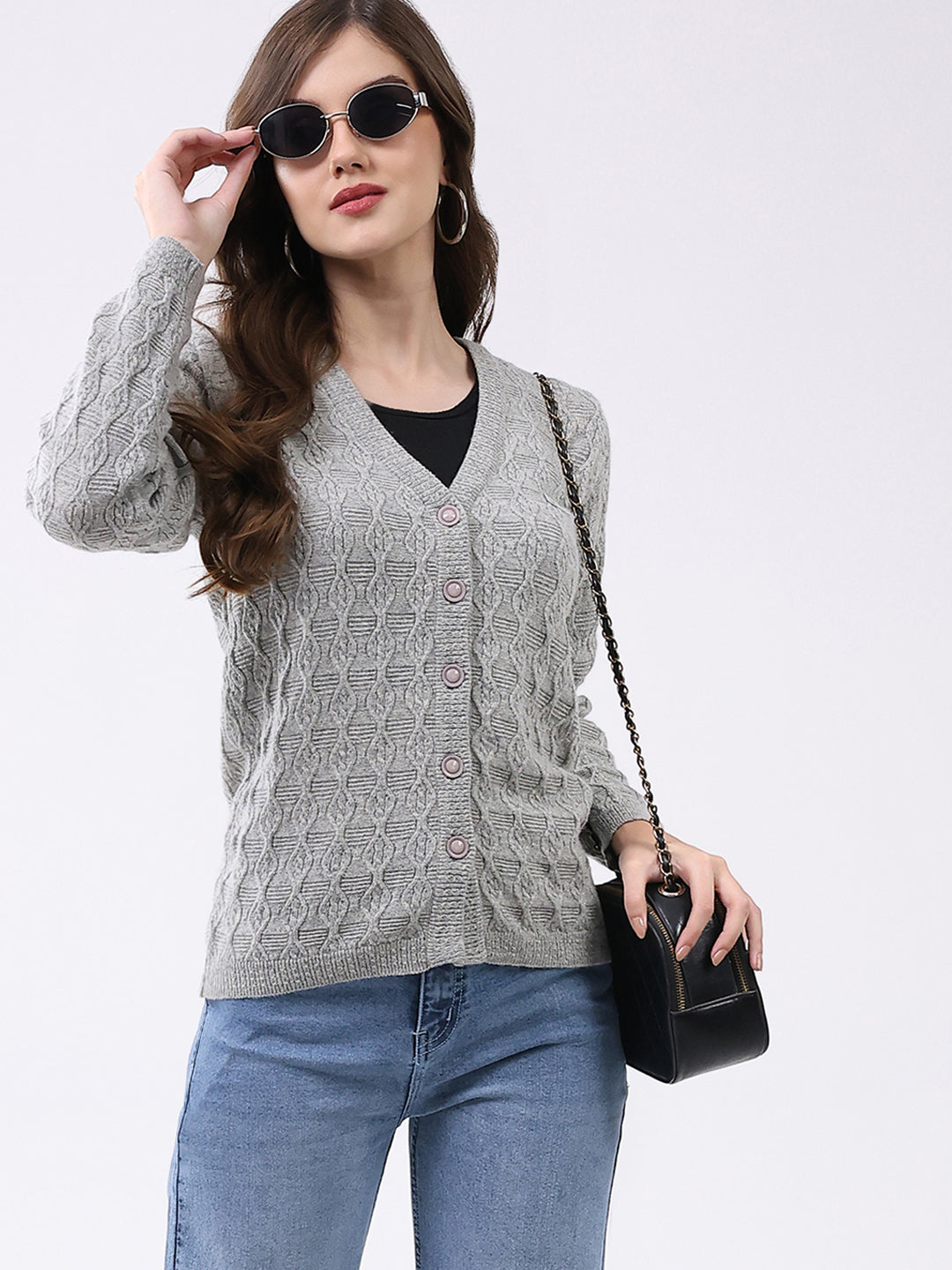 Women Light Grey Self Design V Neck Full Sleeve Cardigan