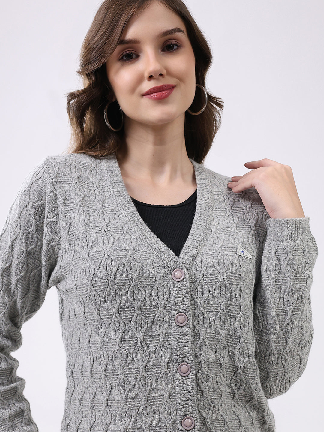 Women Light Grey Self Design V Neck Full Sleeve Cardigan