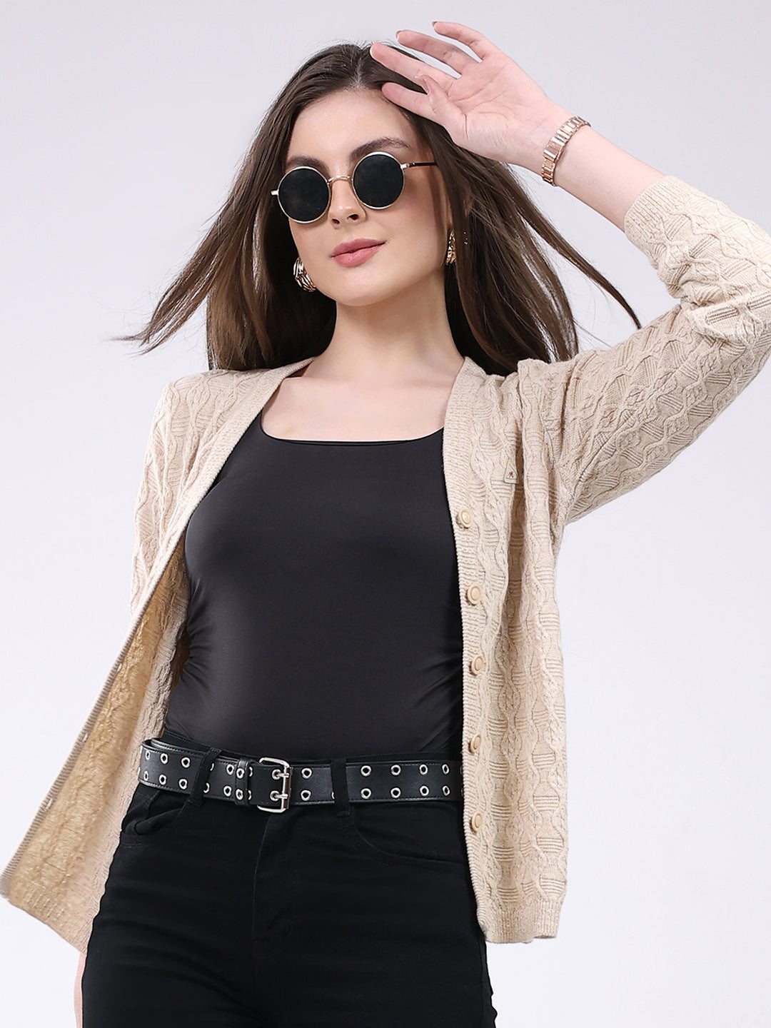 Women Beige Self Design V Neck Full Sleeve Cardigan
