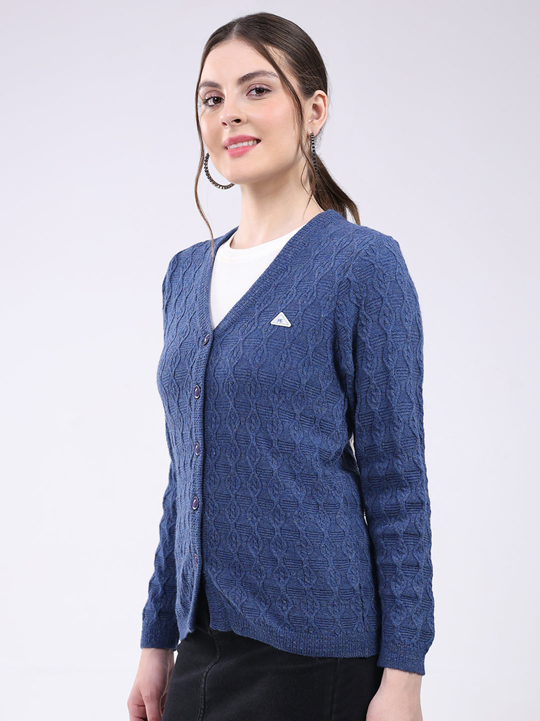 Women Blue Self Design V Neck Full Sleeve Cardigan