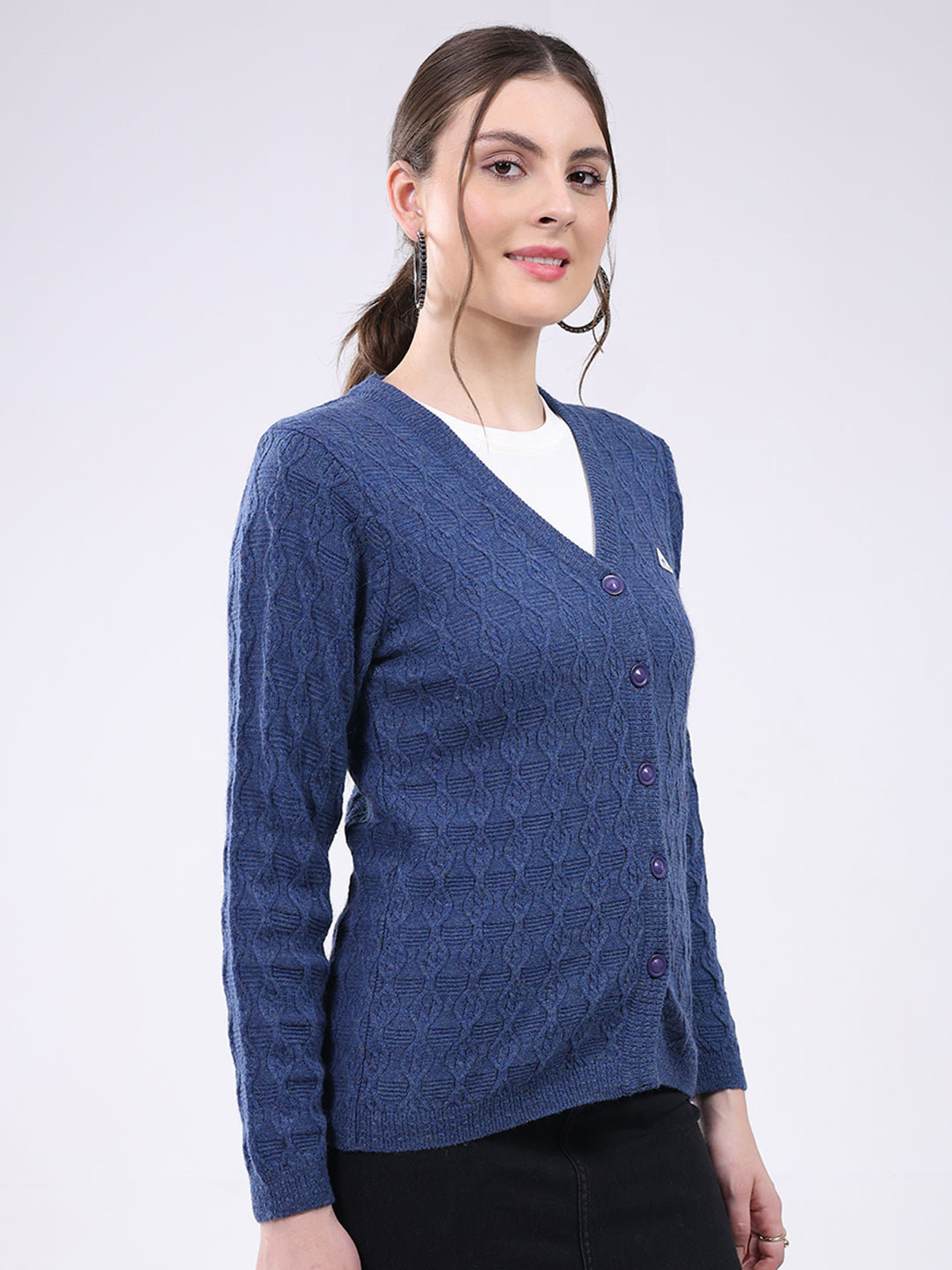 Women Blue Self Design V Neck Full Sleeve Cardigan