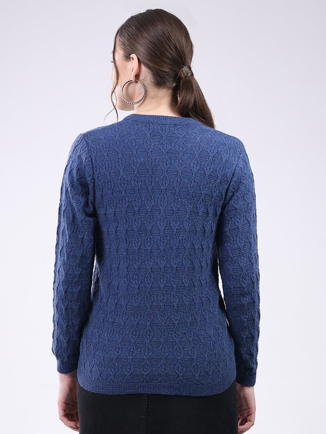 Women Blue Self Design V Neck Full Sleeve Cardigan