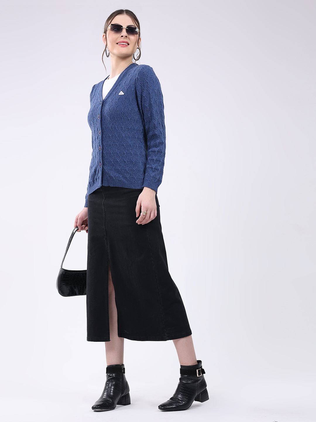 Women Blue Self Design V Neck Full Sleeve Cardigan