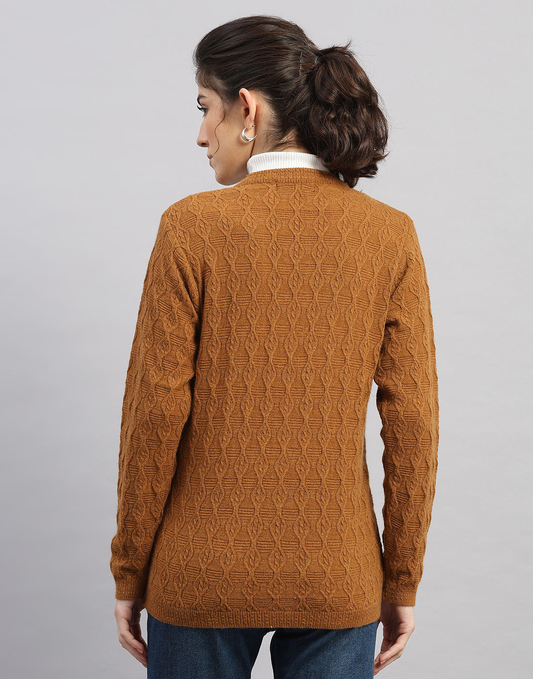 Women Rust Self Design V Neck Full Sleeve Cardigan