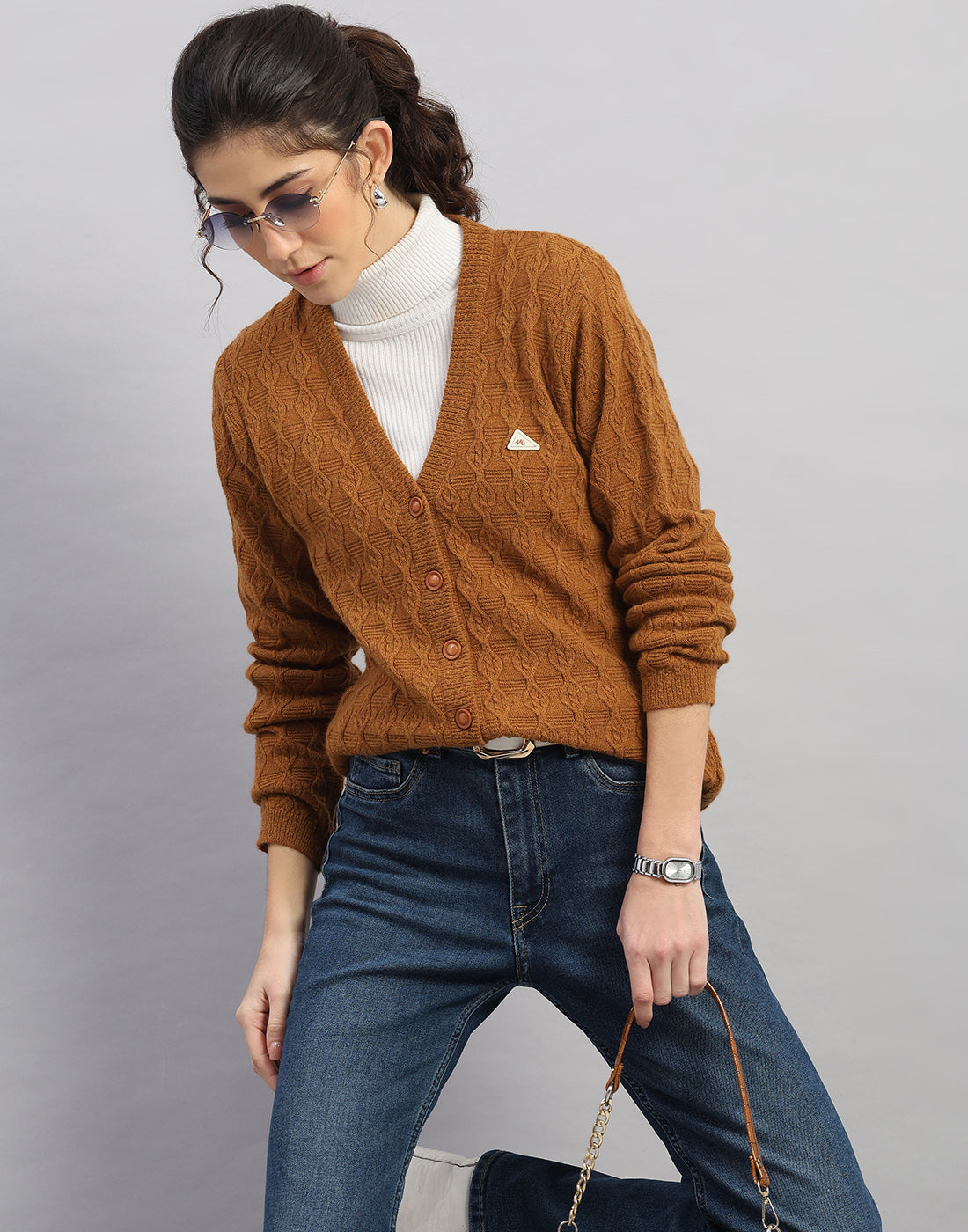 Women Rust Self Design V Neck Full Sleeve Cardigan