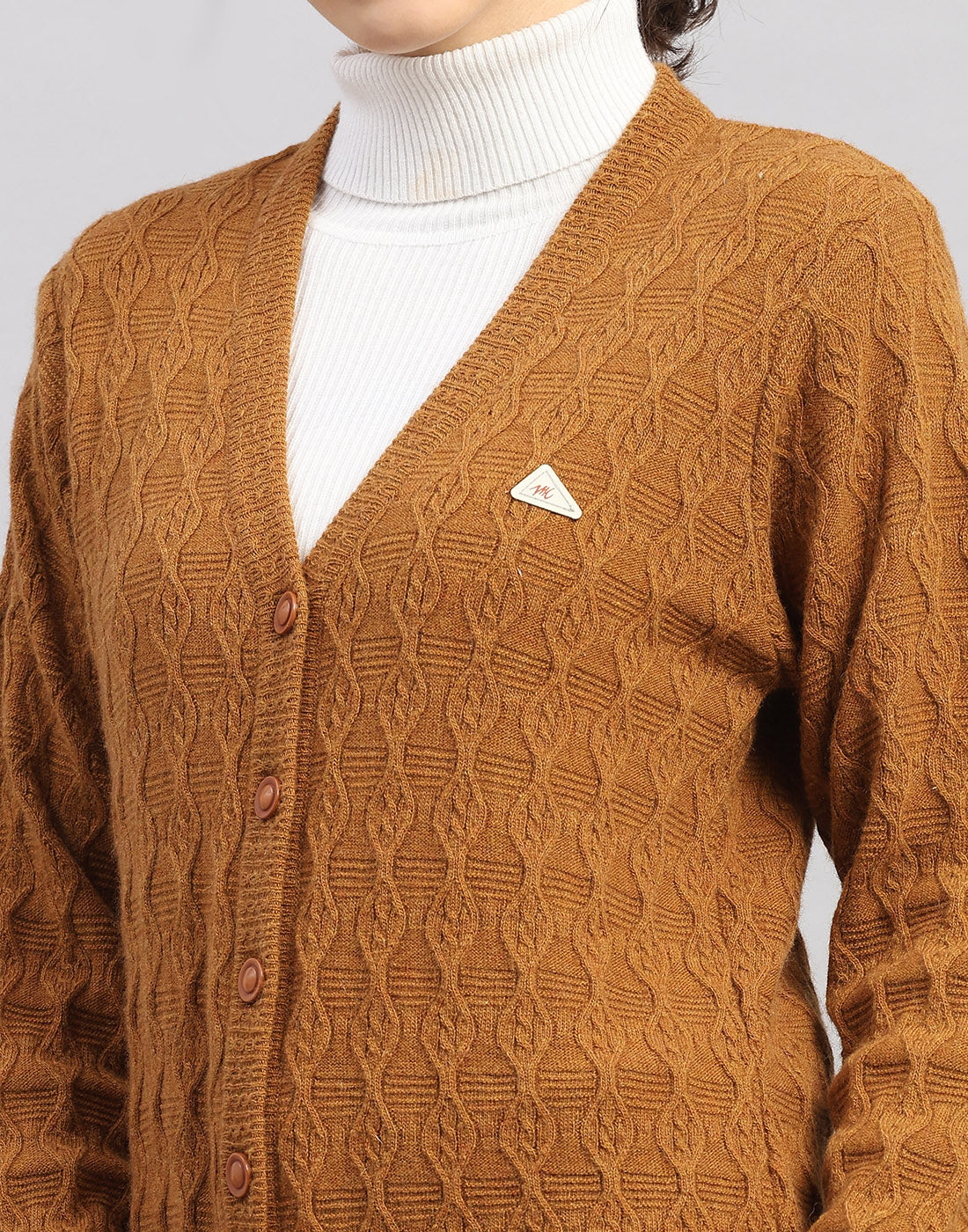 Women Rust Self Design V Neck Full Sleeve Cardigan