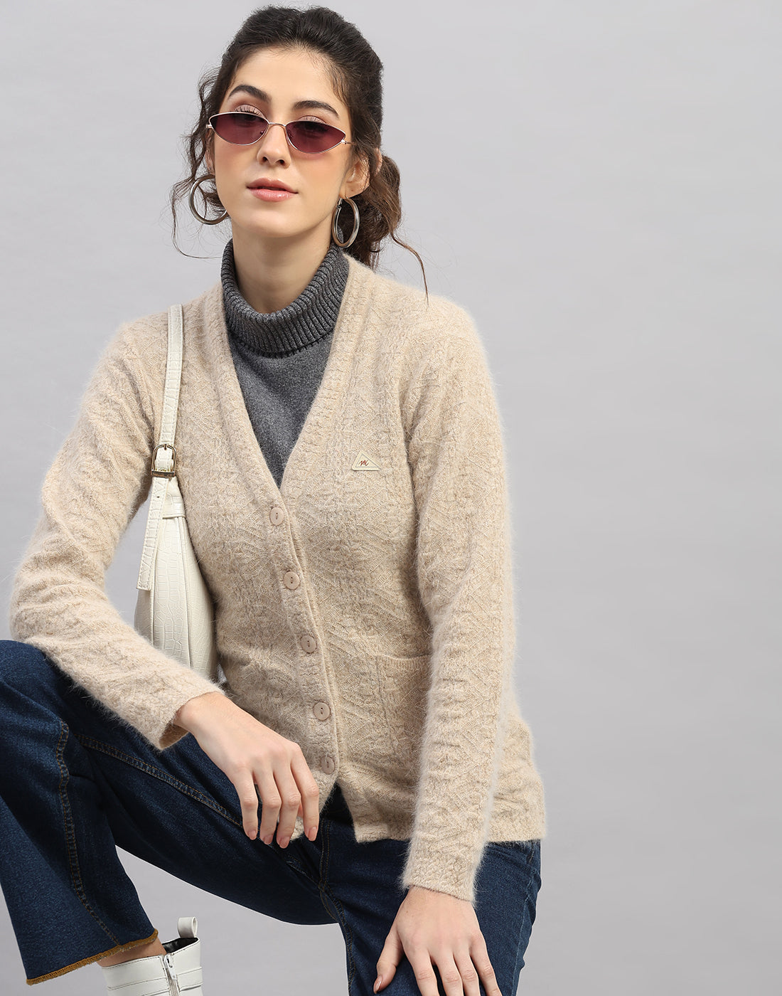 Women Brown Self Design V Neck Full Sleeve Cardigan