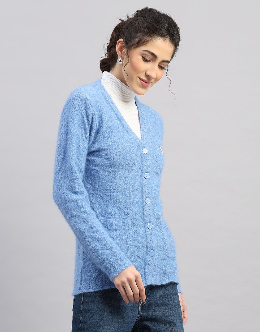Women Light Blue Self Design V Neck Full Sleeve Cardigan